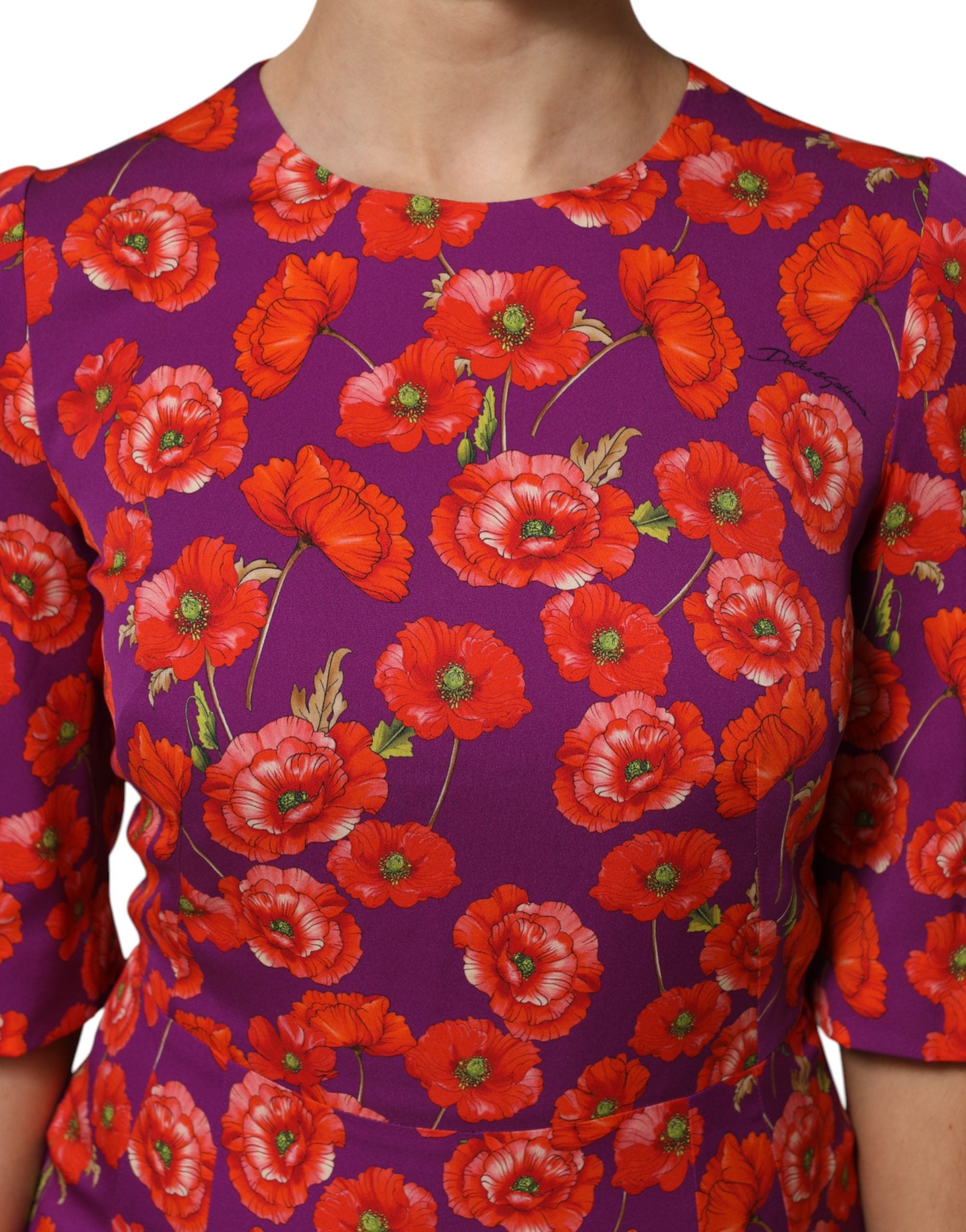 Dolce & Gabbana Lila Seidenkleid mit Blumenprint, Midi-Länge