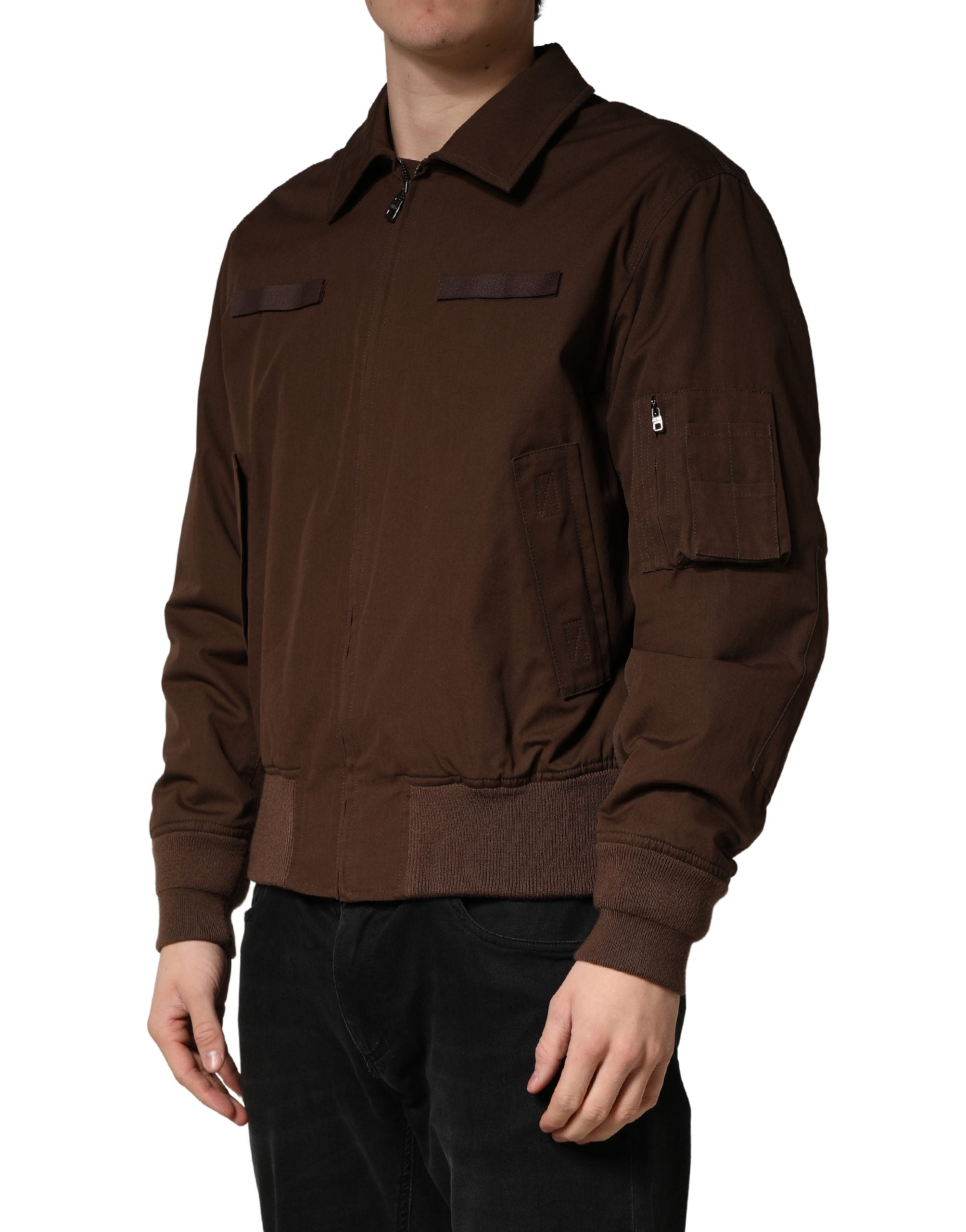 Dolce & Gabbana Braune Baumwoll-Stretch-Bomberjacke mit durchgehendem Reißverschluss