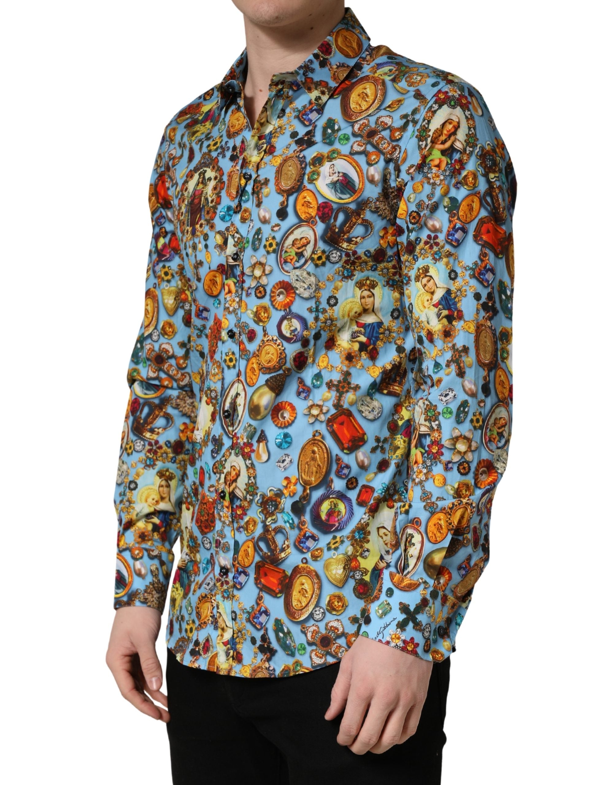 Dolce & Gabbana Blaues Baumwollhemd mit Schmuck-Print und GOLD-Knopfleiste