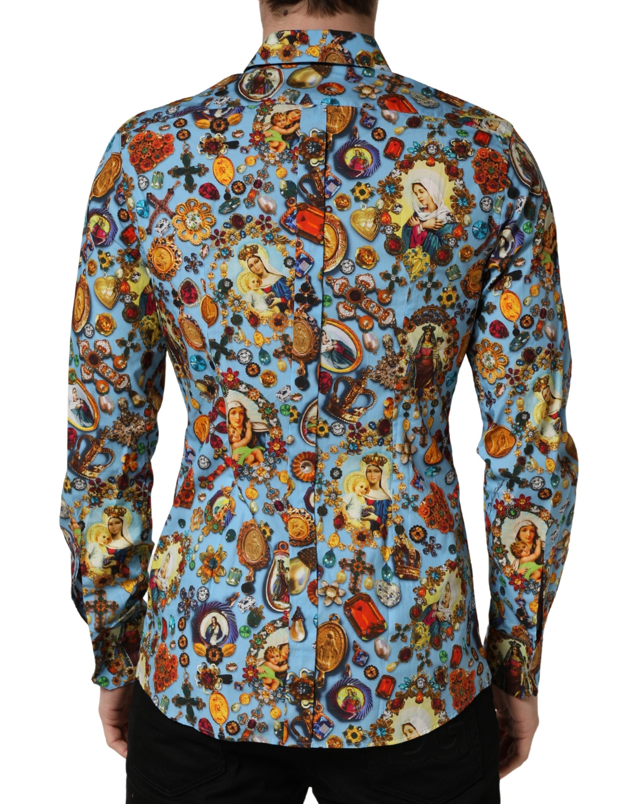 Dolce & Gabbana Blaues Baumwollhemd mit Schmuck-Print und GOLD-Knopfleiste