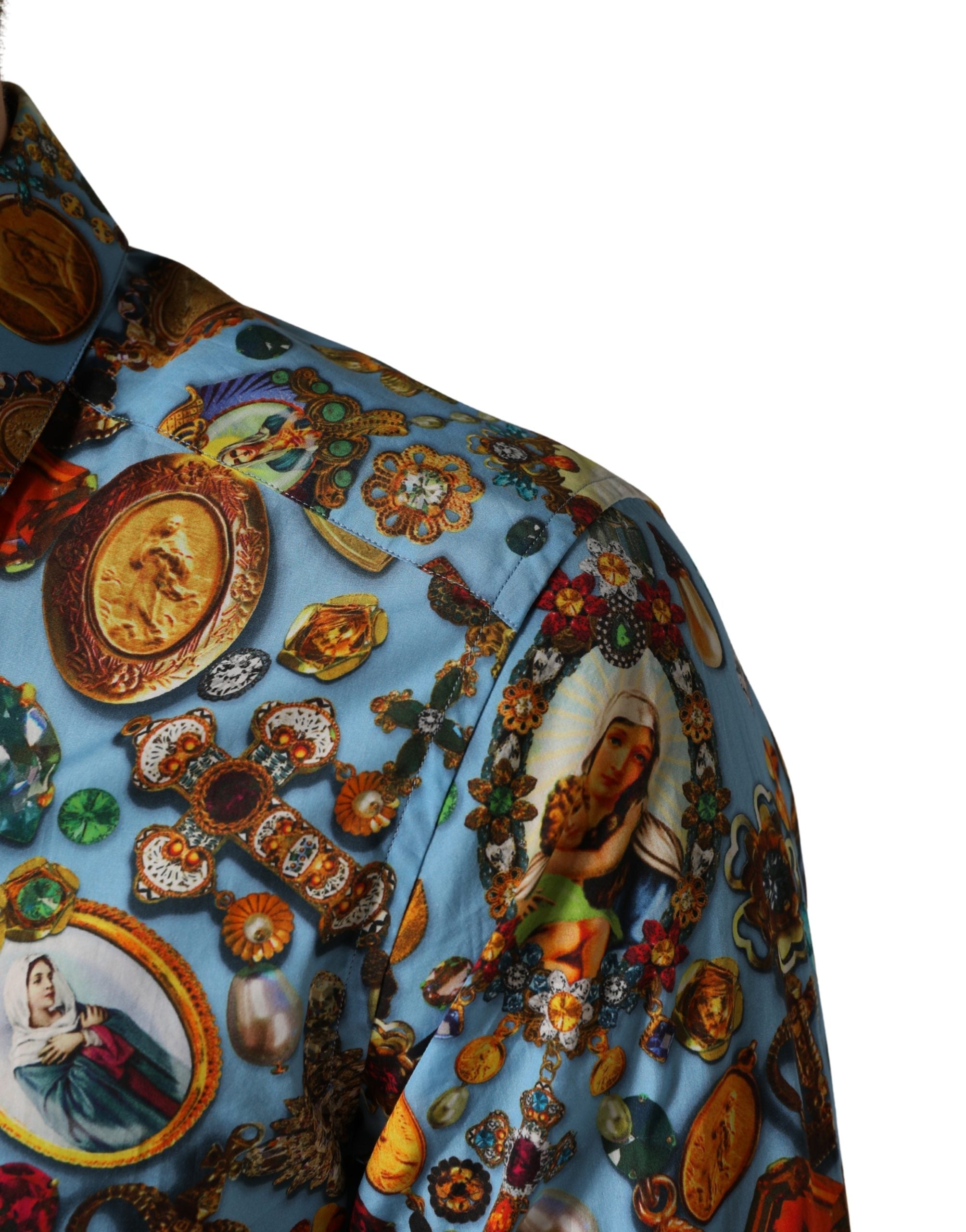 Dolce & Gabbana Blaues Baumwollhemd mit Schmuck-Print und GOLD-Knopfleiste