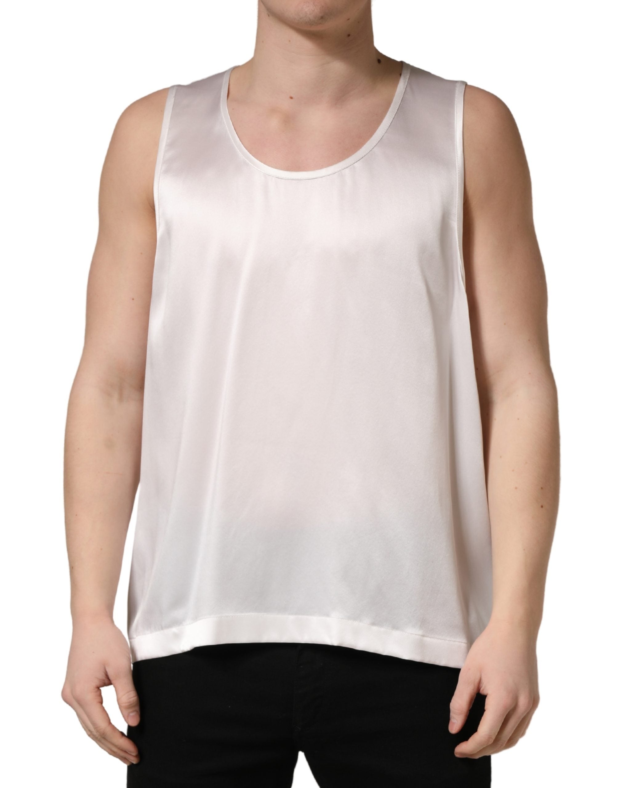 Dolce & Gabbana Weißes ärmelloses Tanktop aus Satin-Polyester