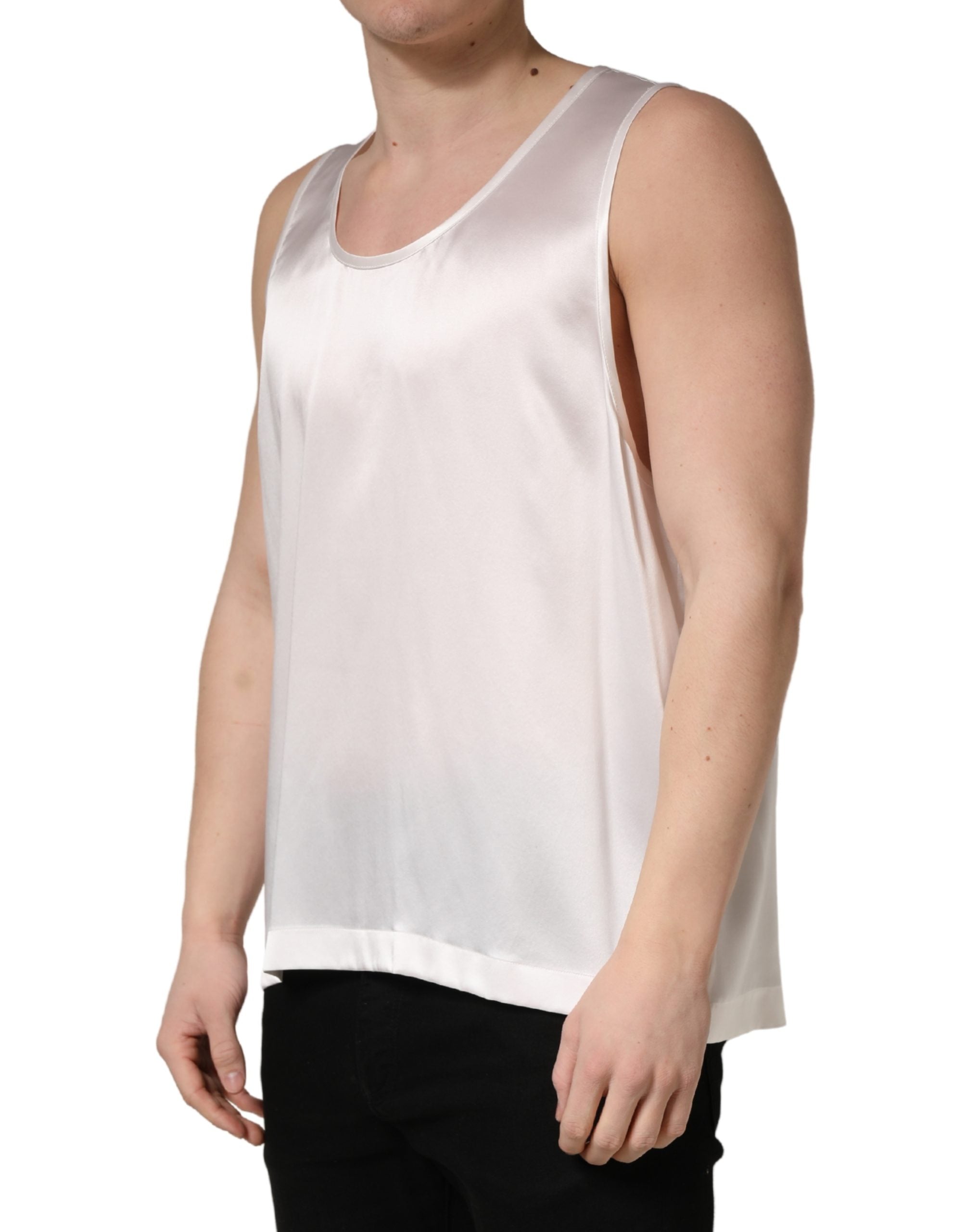 Dolce & Gabbana Weißes ärmelloses Tanktop aus Satin-Polyester
