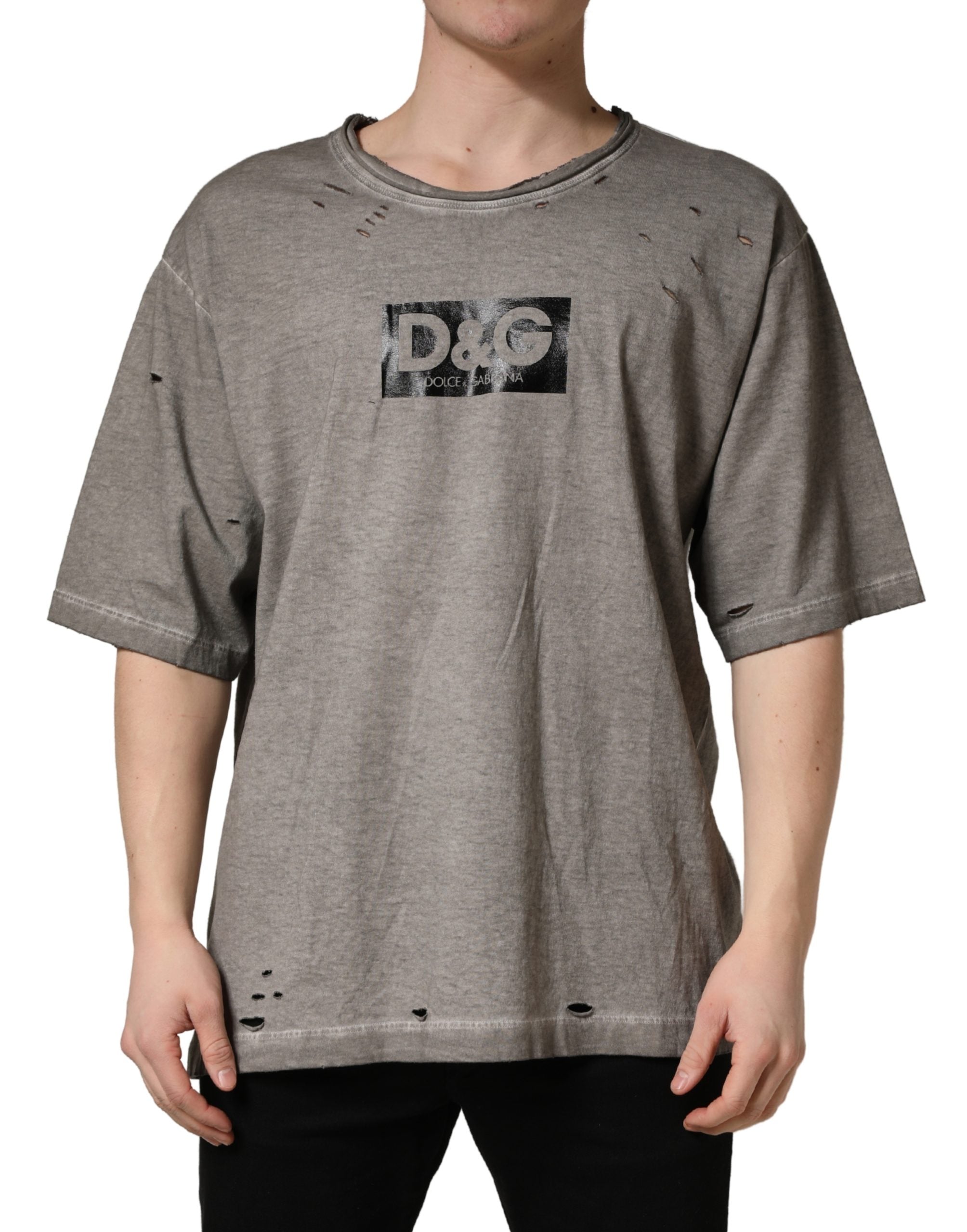 Dolce & Gabbana Graues DG Logo Print Baumwoll-T-Shirt mit Rundhalsausschnitt