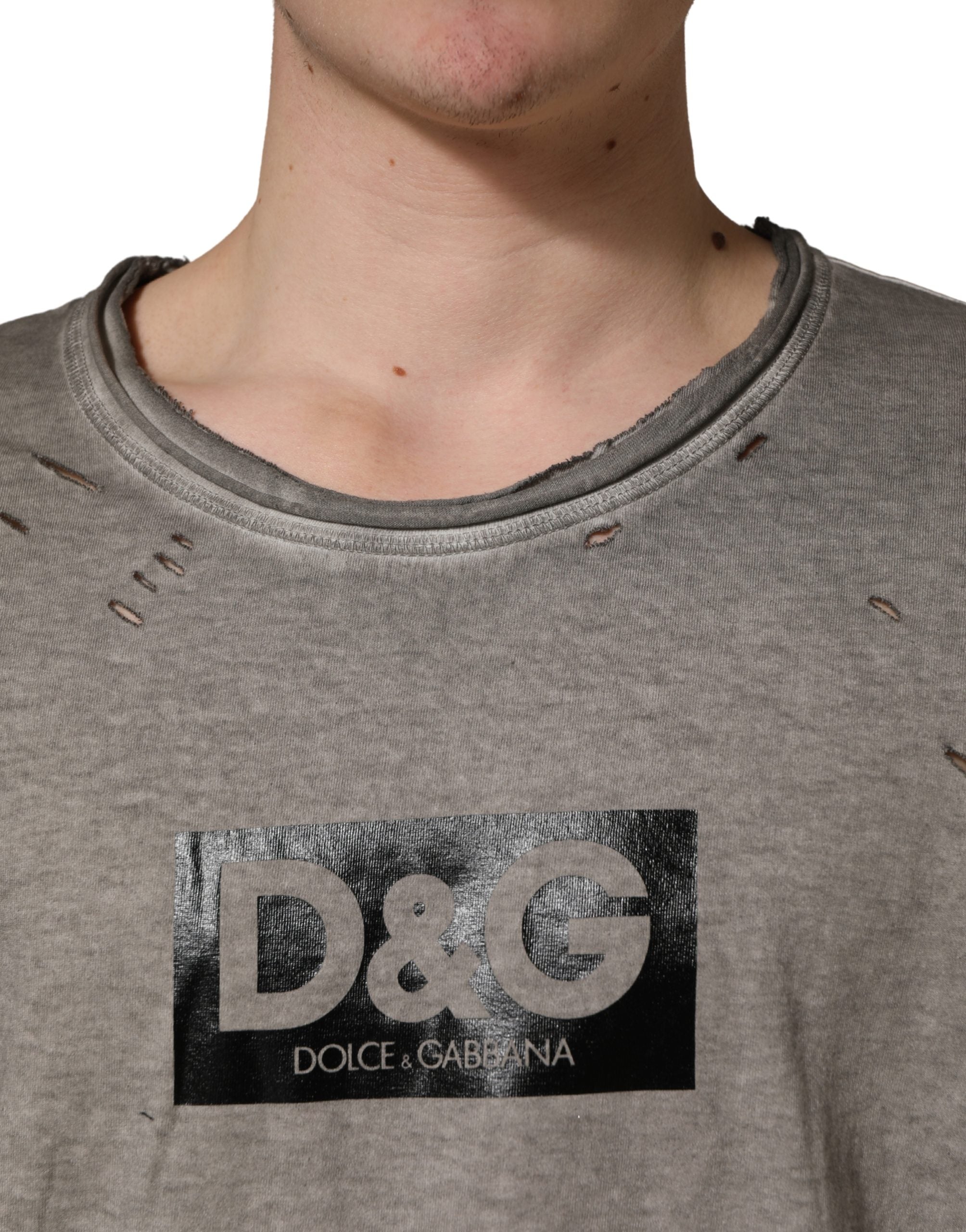 Dolce & Gabbana Graues DG Logo Print Baumwoll-T-Shirt mit Rundhalsausschnitt