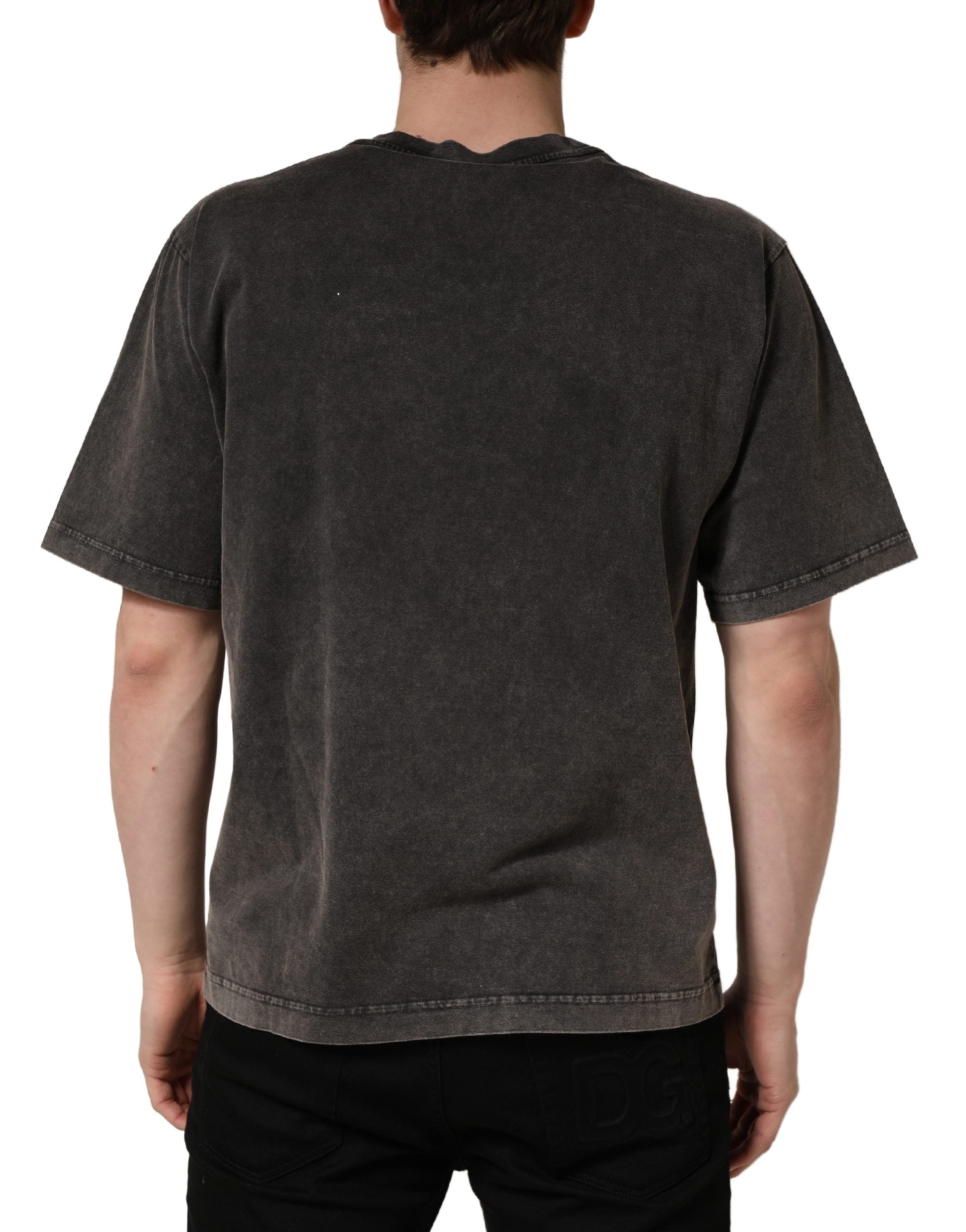 Dolce & Gabbana Graues Herren-T-Shirt mit Logo-Verzierung und Rundhalsausschnitt
