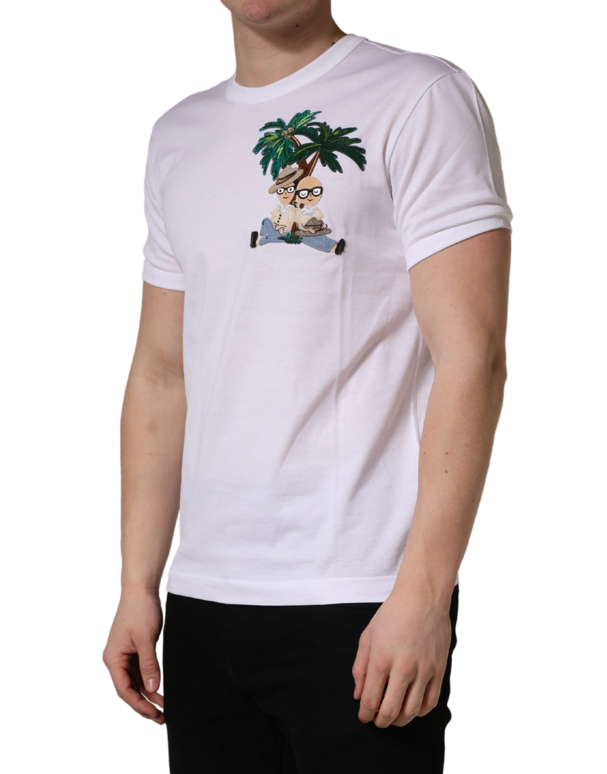 Dolce & Gabbana Weißes T-Shirt mit Palmenstickerei für Herren mit Rundhalsausschnitt