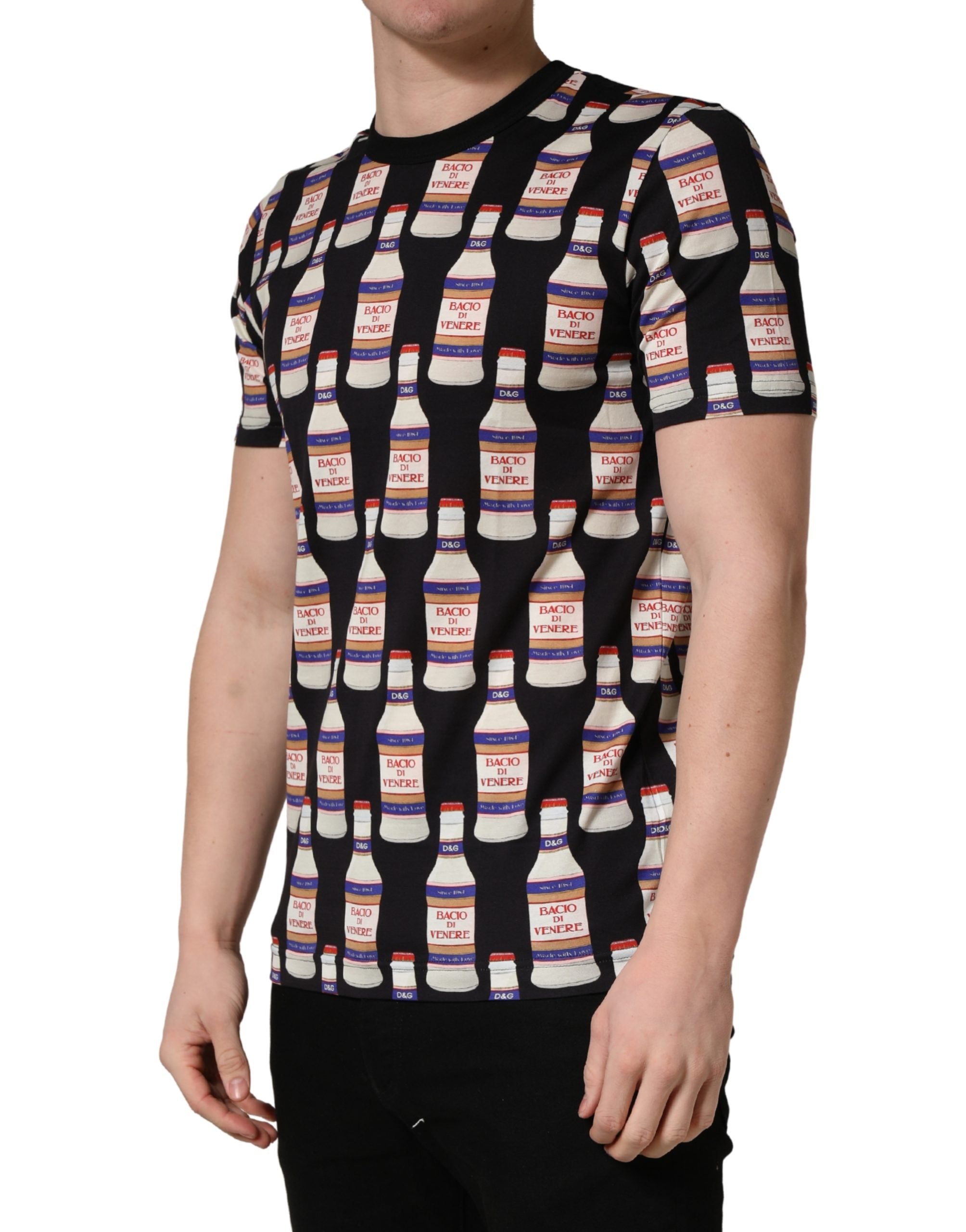 Dolce & Gabbana Schwarzes T-Shirt aus Baumwolle mit Rundhalsausschnitt und Flaschen-Print