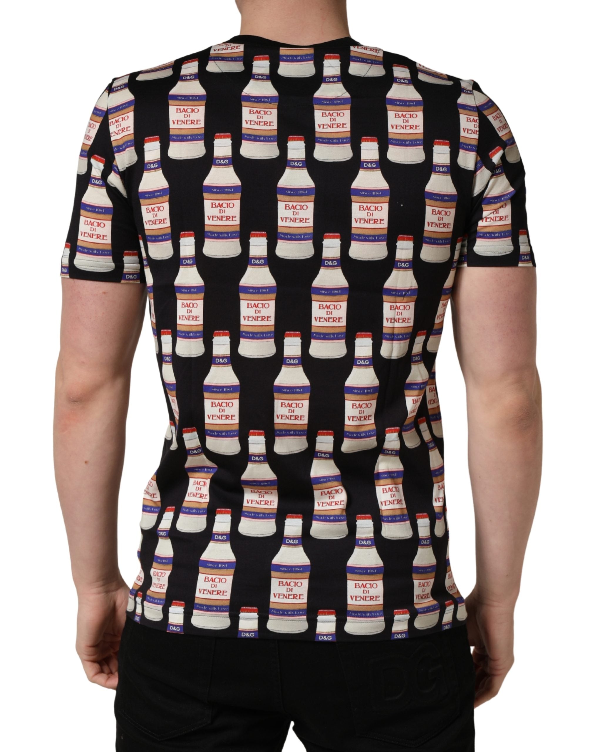 Dolce & Gabbana Schwarzes T-Shirt aus Baumwolle mit Rundhalsausschnitt und Flaschen-Print