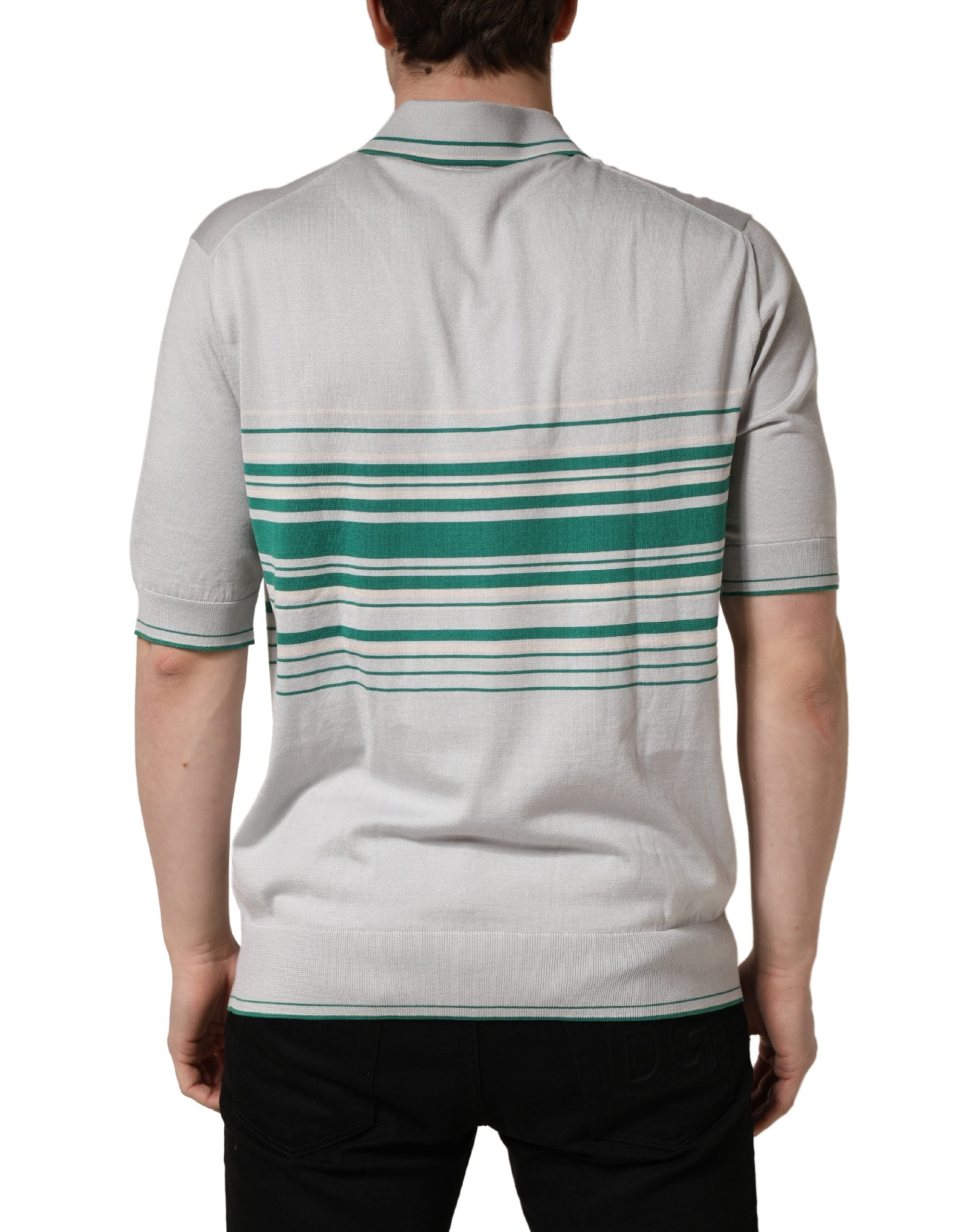 Dolce & Gabbana Grau-grün gestreiftes Logo-Polo-Shirt aus Seide