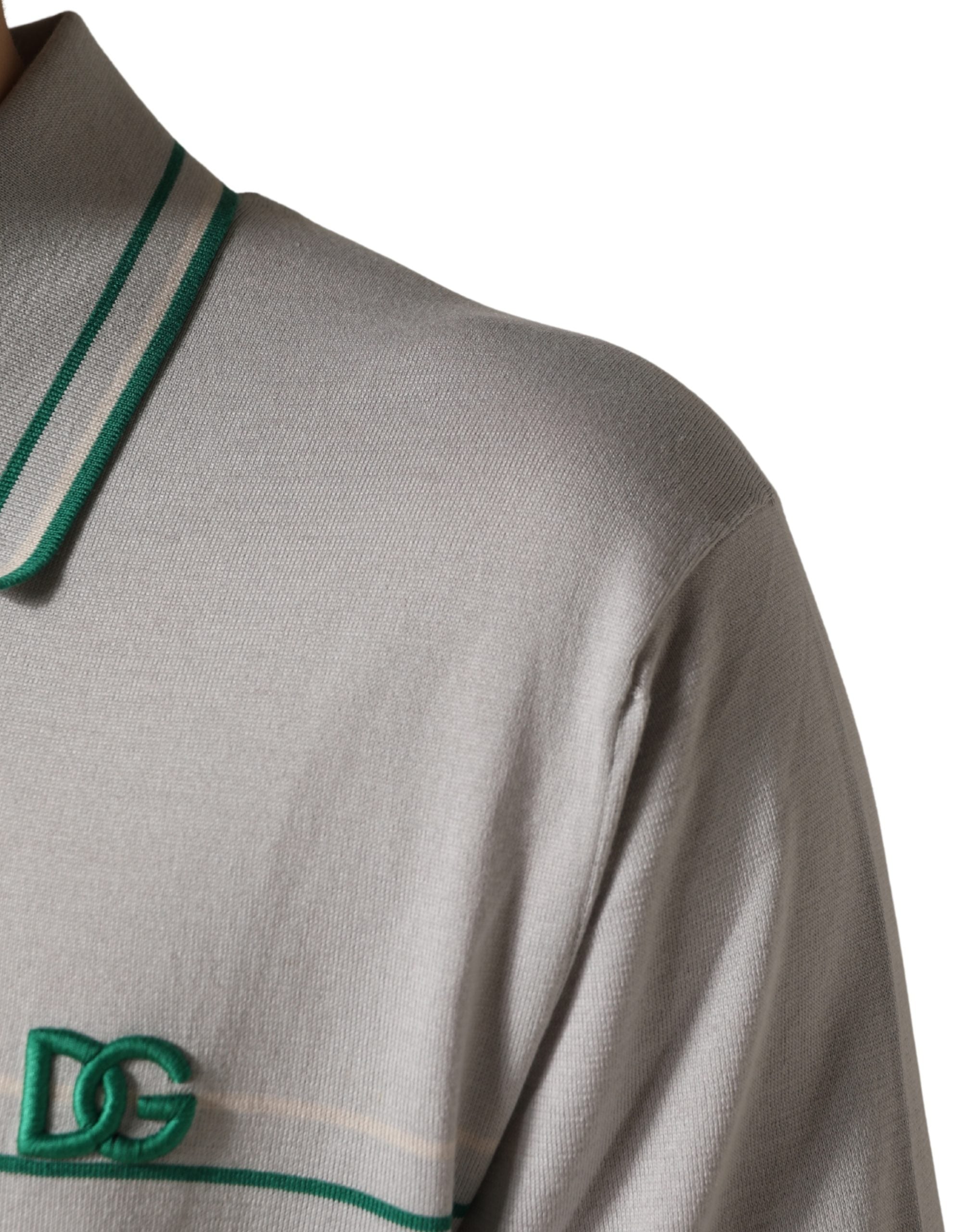 Dolce & Gabbana Grau-grün gestreiftes Logo-Polo-Shirt aus Seide