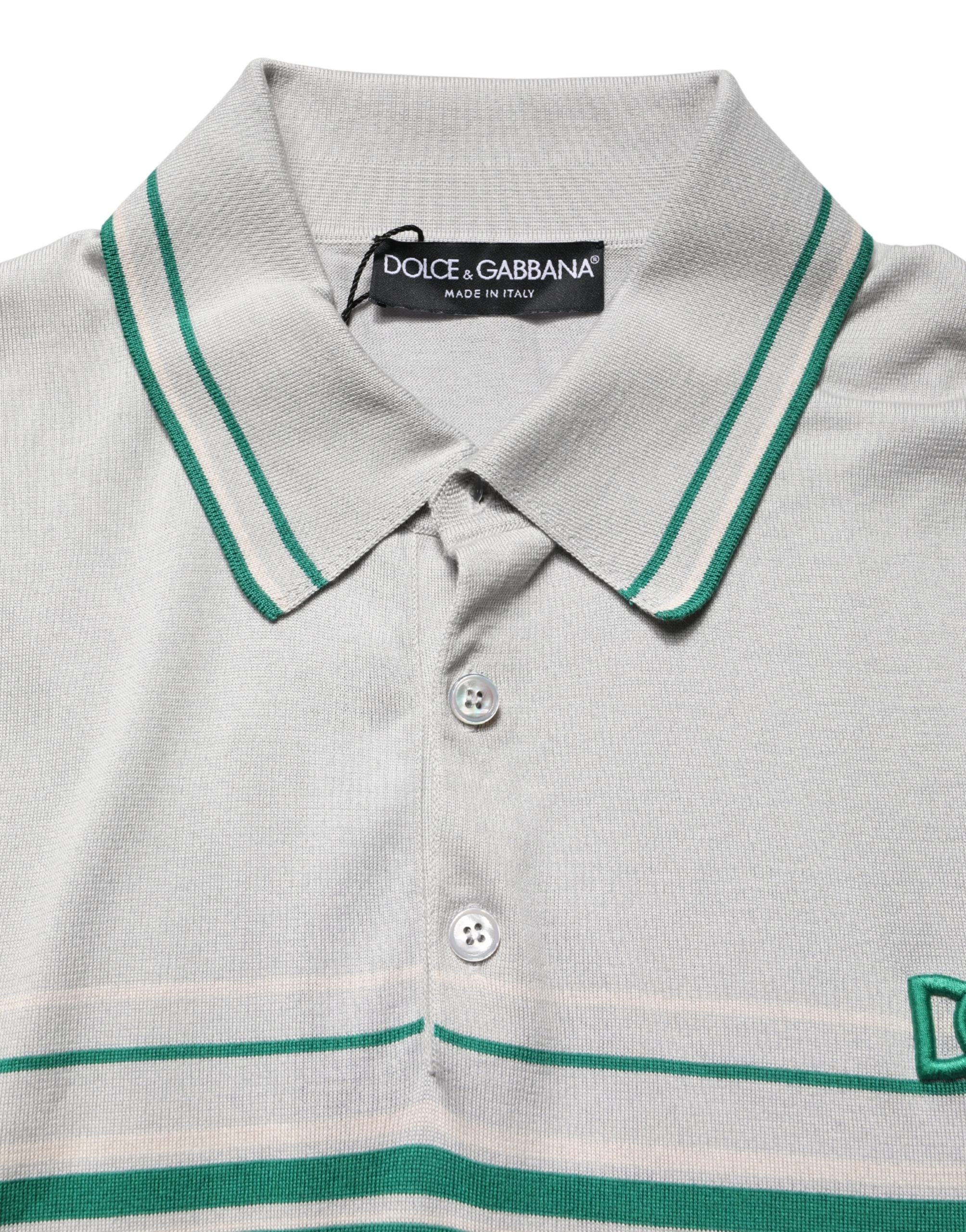 Dolce & Gabbana Grau-grün gestreiftes Logo-Polo-Shirt aus Seide