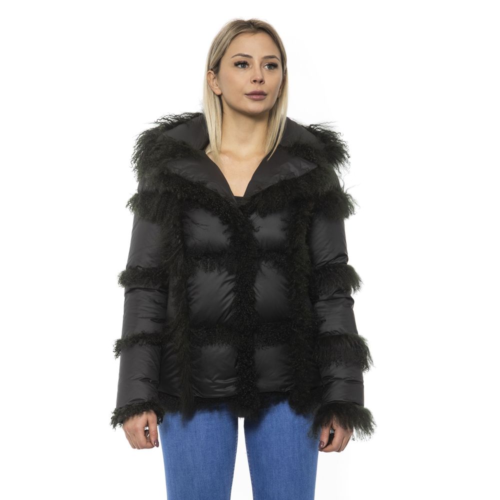 Mr&Mrs Italy Schwarze Poly-Jacke mit Lammfellkapuze für Damen