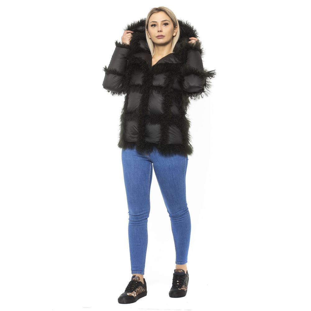Mr&Mrs Italy Schwarze Poly-Jacke mit Lammfellkapuze für Damen