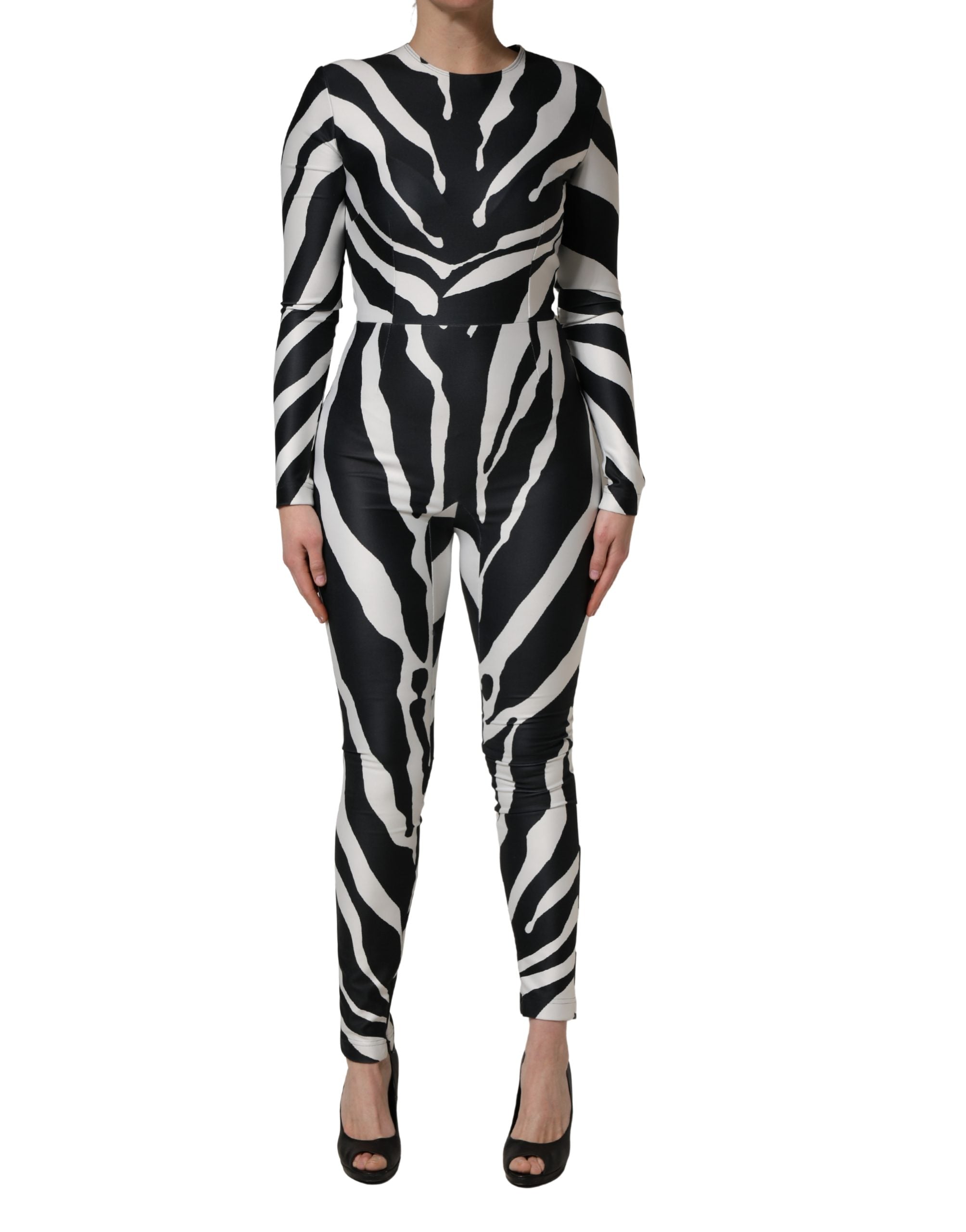 Dolce & Gabbana Schwarz-weißer Polyester-Jumpsuit mit Zebramuster