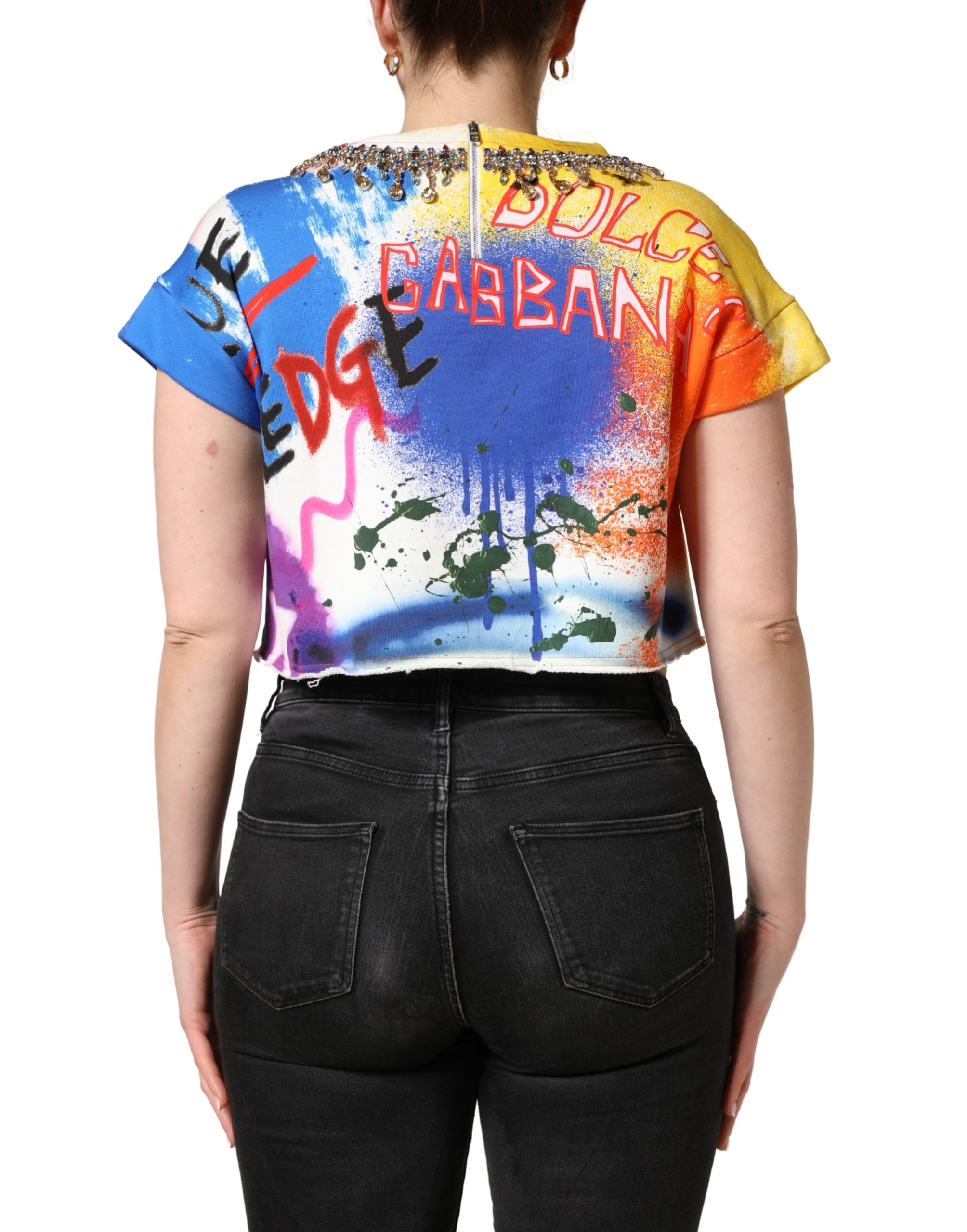 Dolce & Gabbana Mehrfarbiges Crop-Jersey-Top mit Graffiti-Kristallen