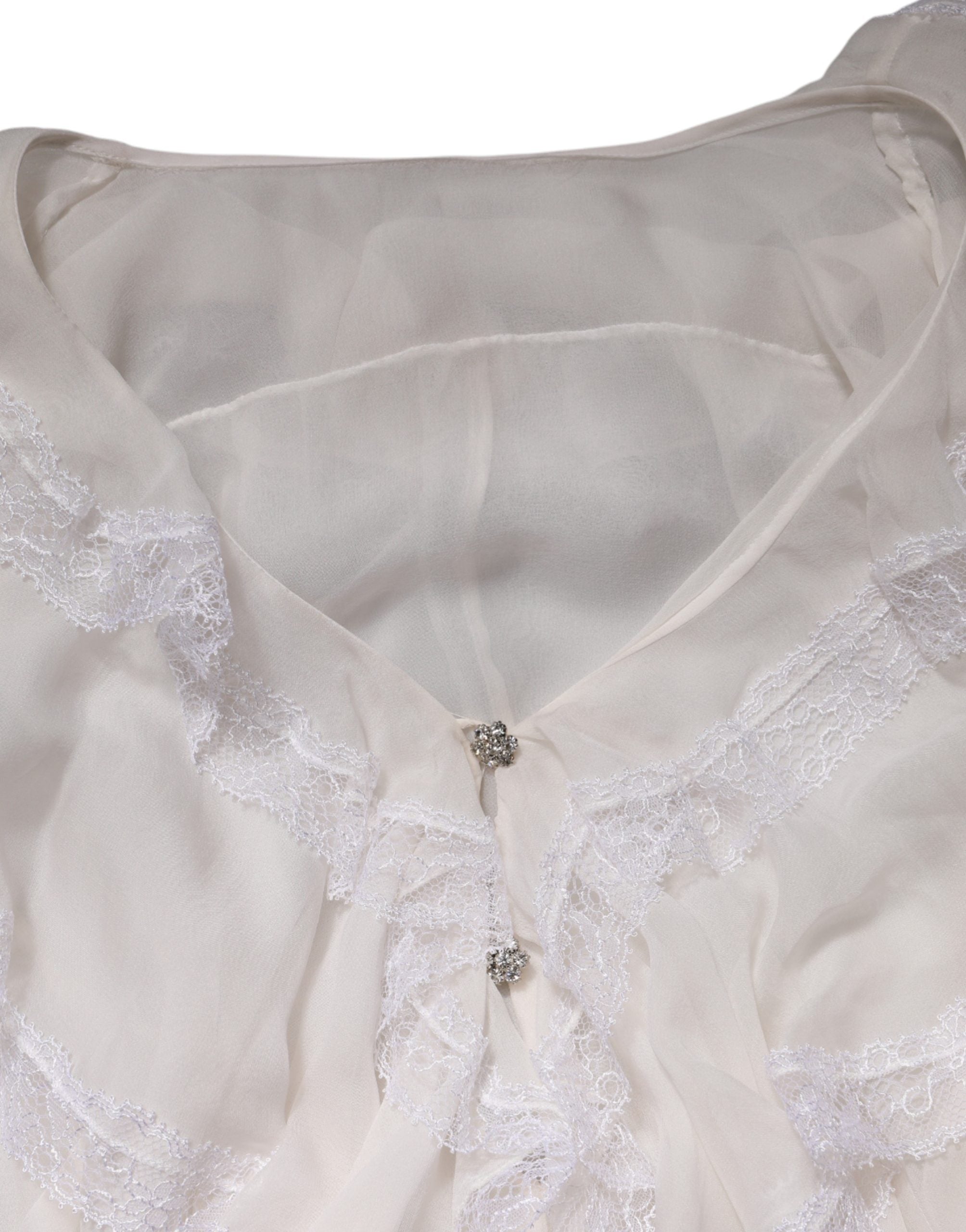 Dolce & Gabbana Weiße Langarmbluse mit Spitzenbesatz und Rüschen
