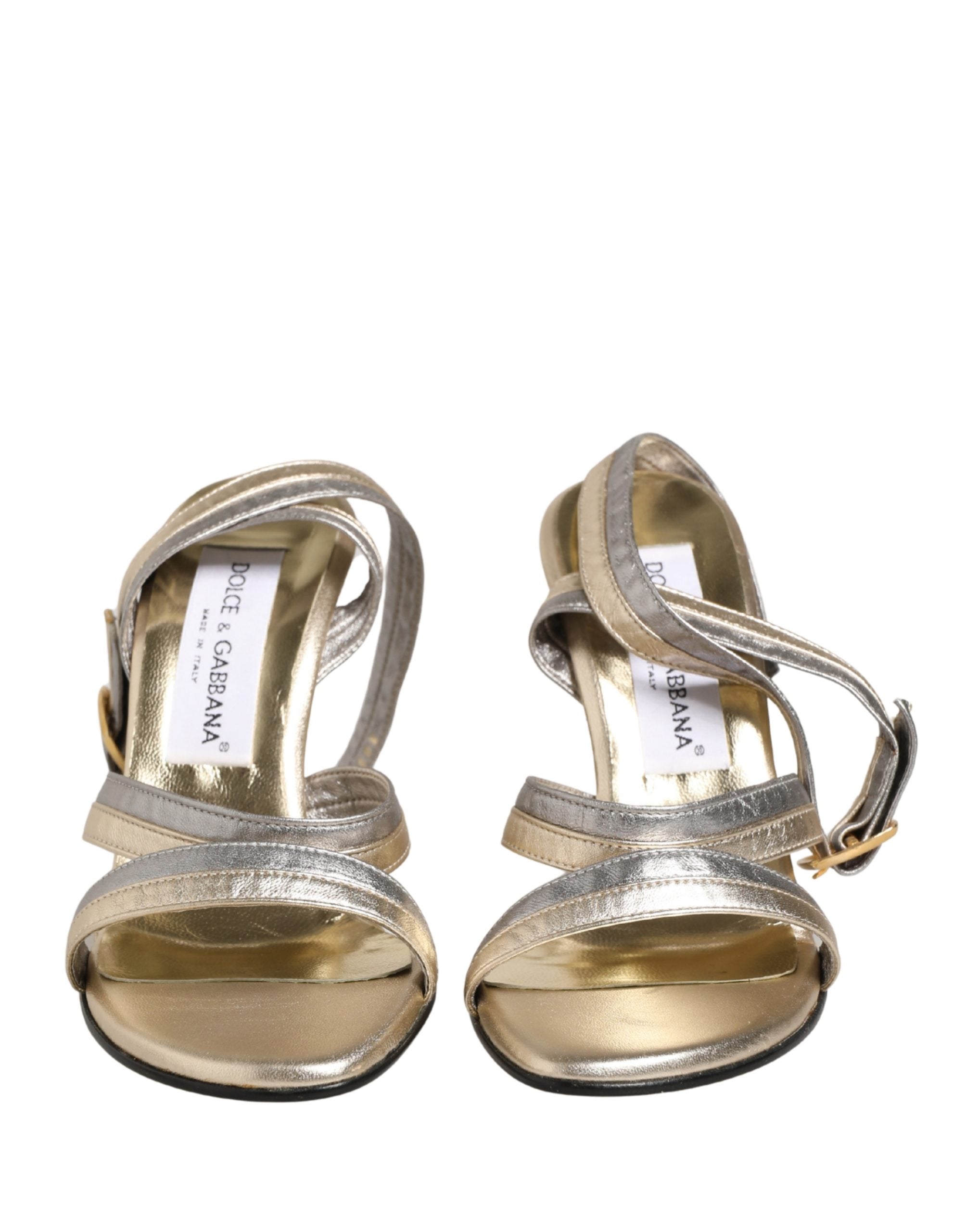 Dolce & Gabbana Goldfarbene und silberne Keilabsatz-Sandalen aus Leder