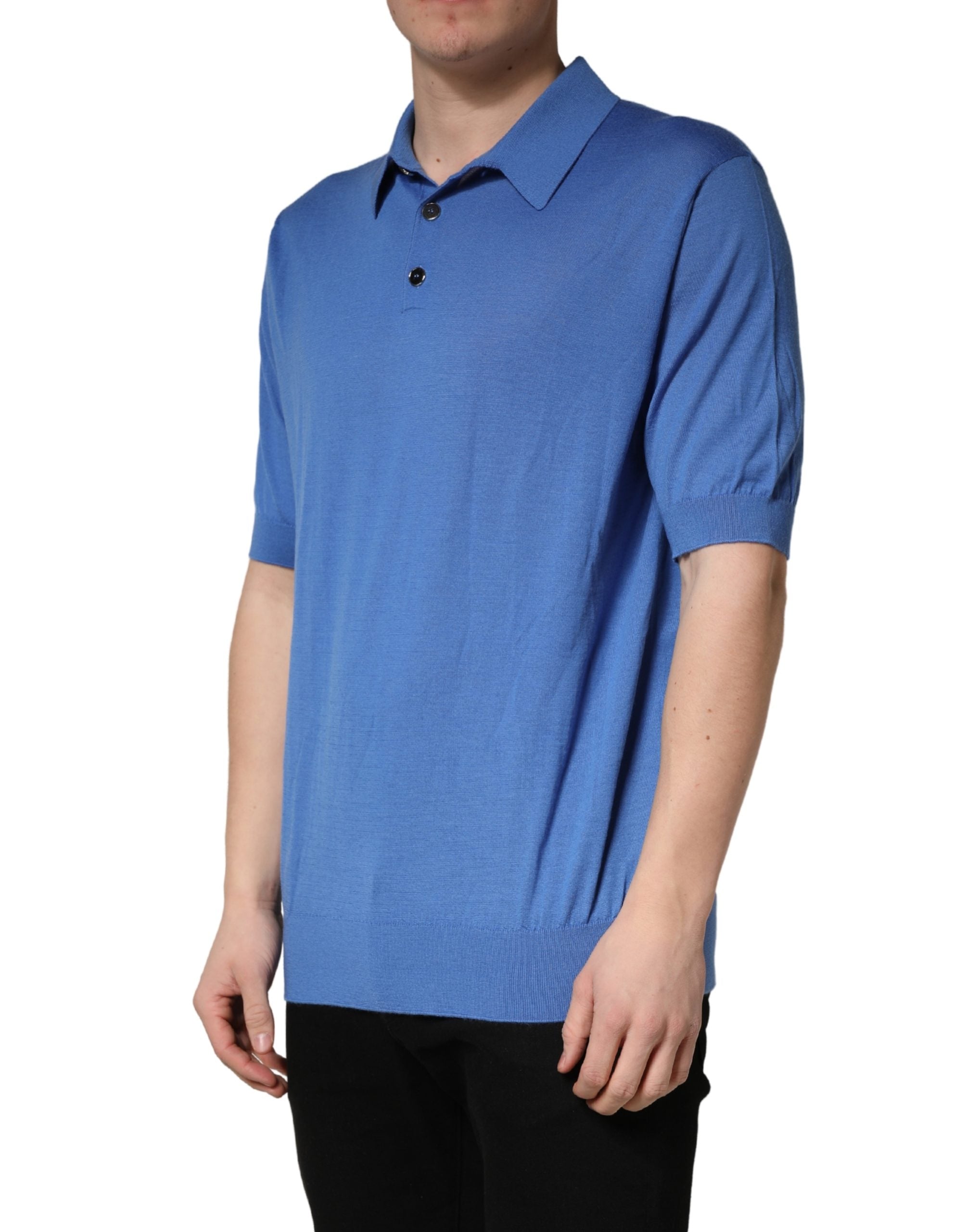 Dolce & Gabbana Blaues Kaschmir-Poloshirt mit kurzen Ärmeln