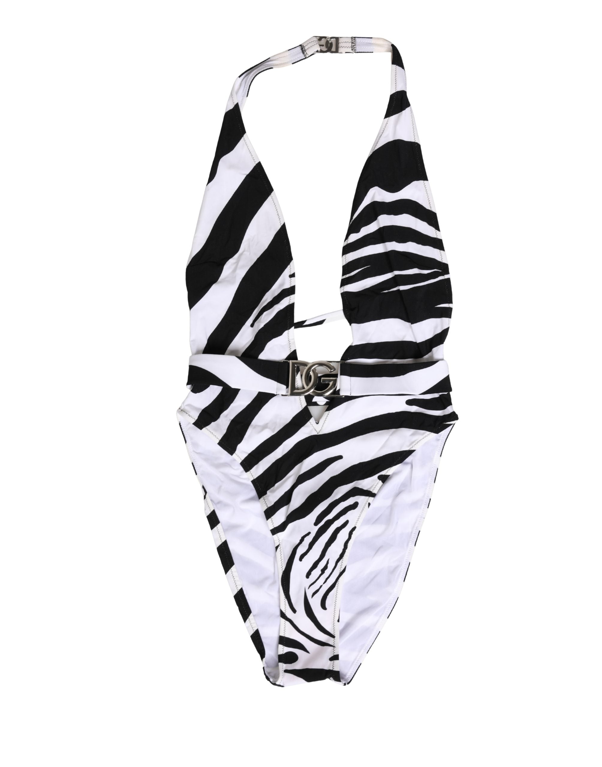 Dolce & Gabbana Schwarz-weißer Zebra-Badeanzug mit tiefem V-Ausschnitt