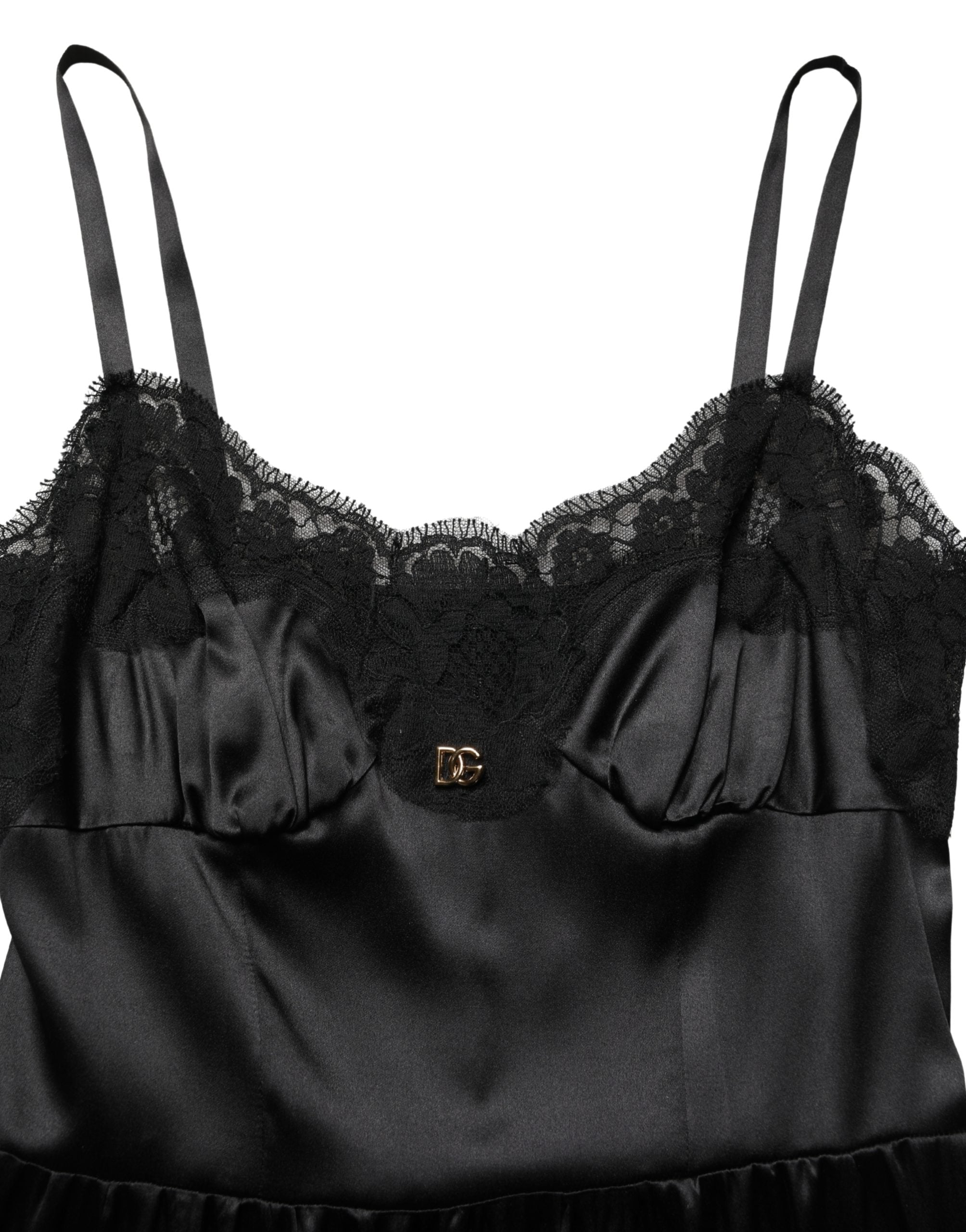 Dolce & Gabbana Schwarzes ärmelloses Minikleid aus Seidensatin mit Spitze