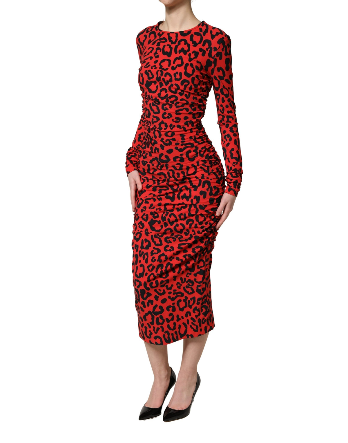 Dolce & Gabbana Rotes Midikleid mit Leopardenmuster und langen Ärmeln