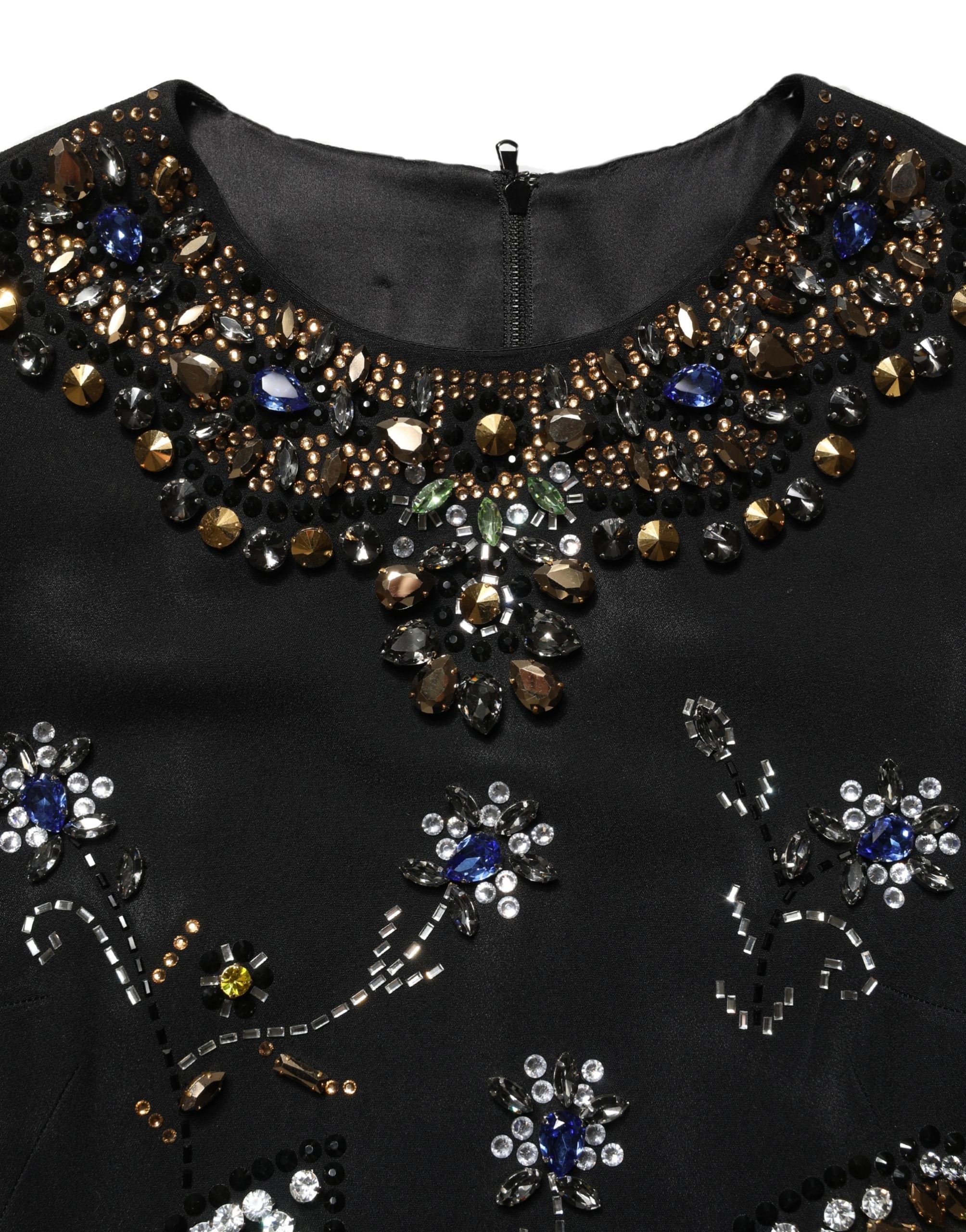 Dolce & Gabbana Schwarzes ärmelloses Kleid mit Blumenstickerei und Perlenbesatz