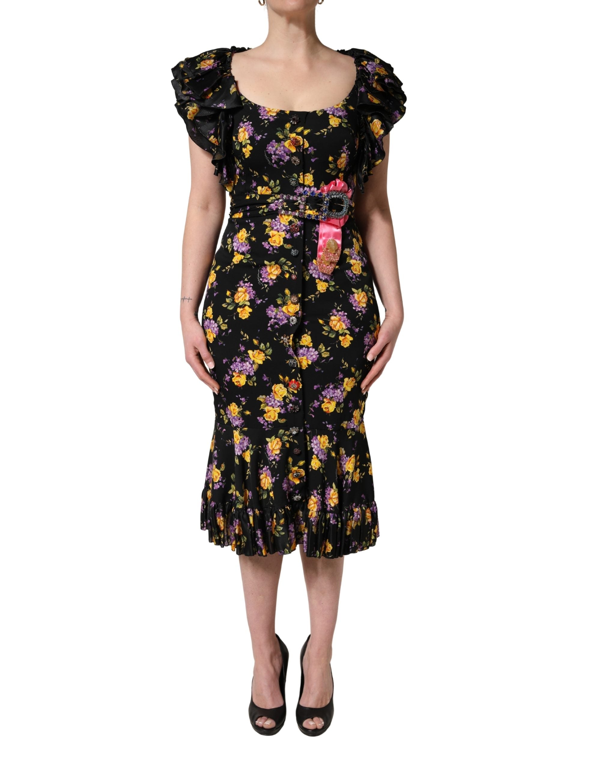 Dolce & Gabbana Midi-Kleid aus Seide mit schwarzer und violetter Kristallbrosche