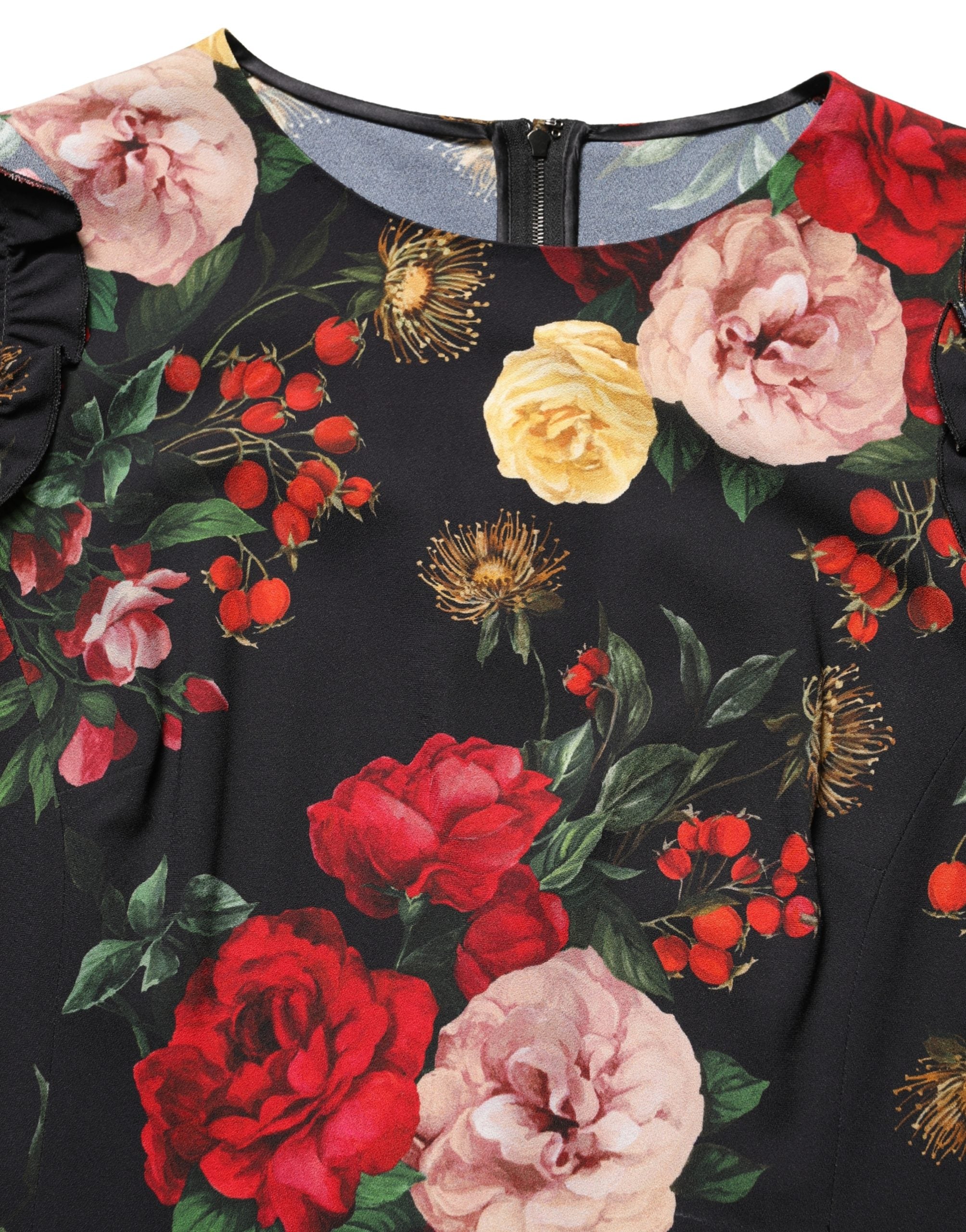 Dolce & Gabbana Schwarze Bluse aus Krepp mit Blumenprint und Rüschenbesatz