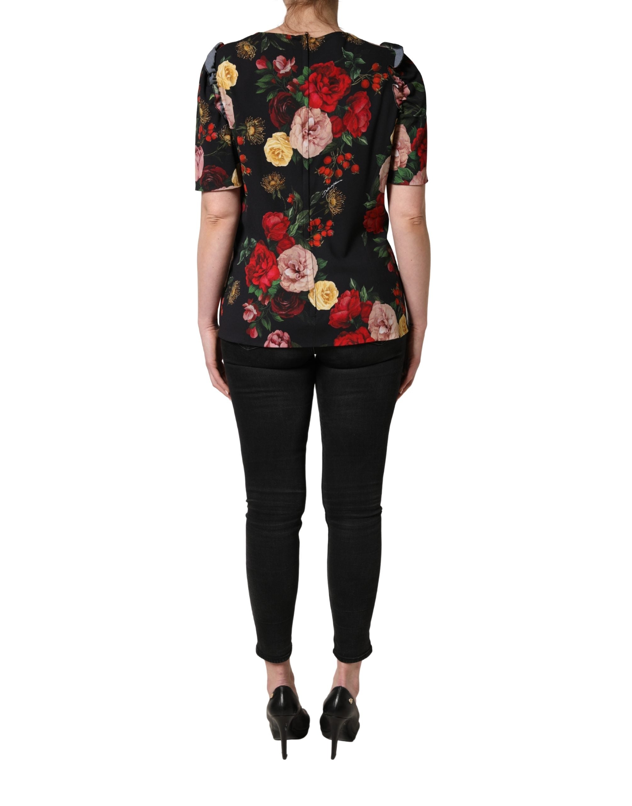 Dolce & Gabbana Schwarze Bluse aus Krepp mit Blumenprint und Rüschenbesatz
