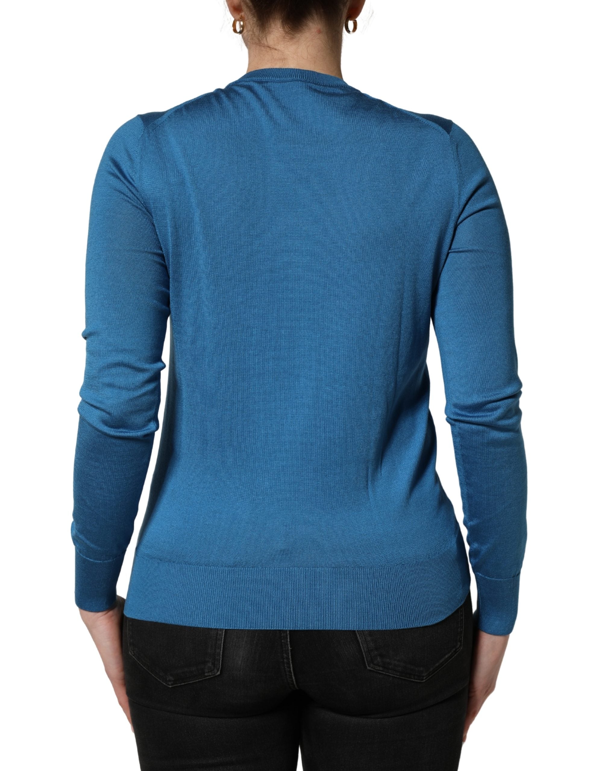 Dolce & Gabbana Blauer Pullover aus Seide mit Pailletten und Rundhalsausschnitt