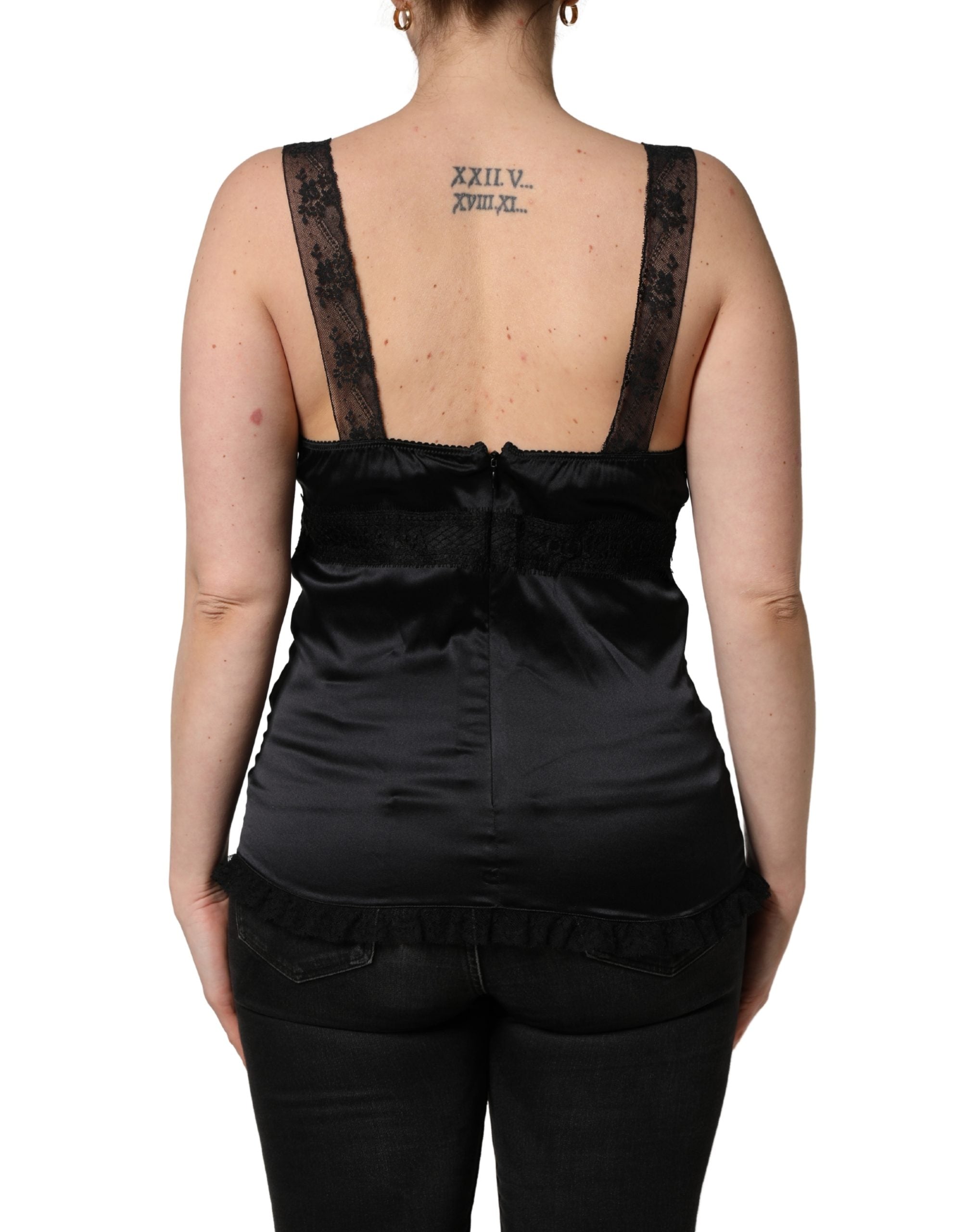 Dolce & Gabbana Schwarzes Seiden-Camisole mit Spitzenbesatz und V-Ausschnitt