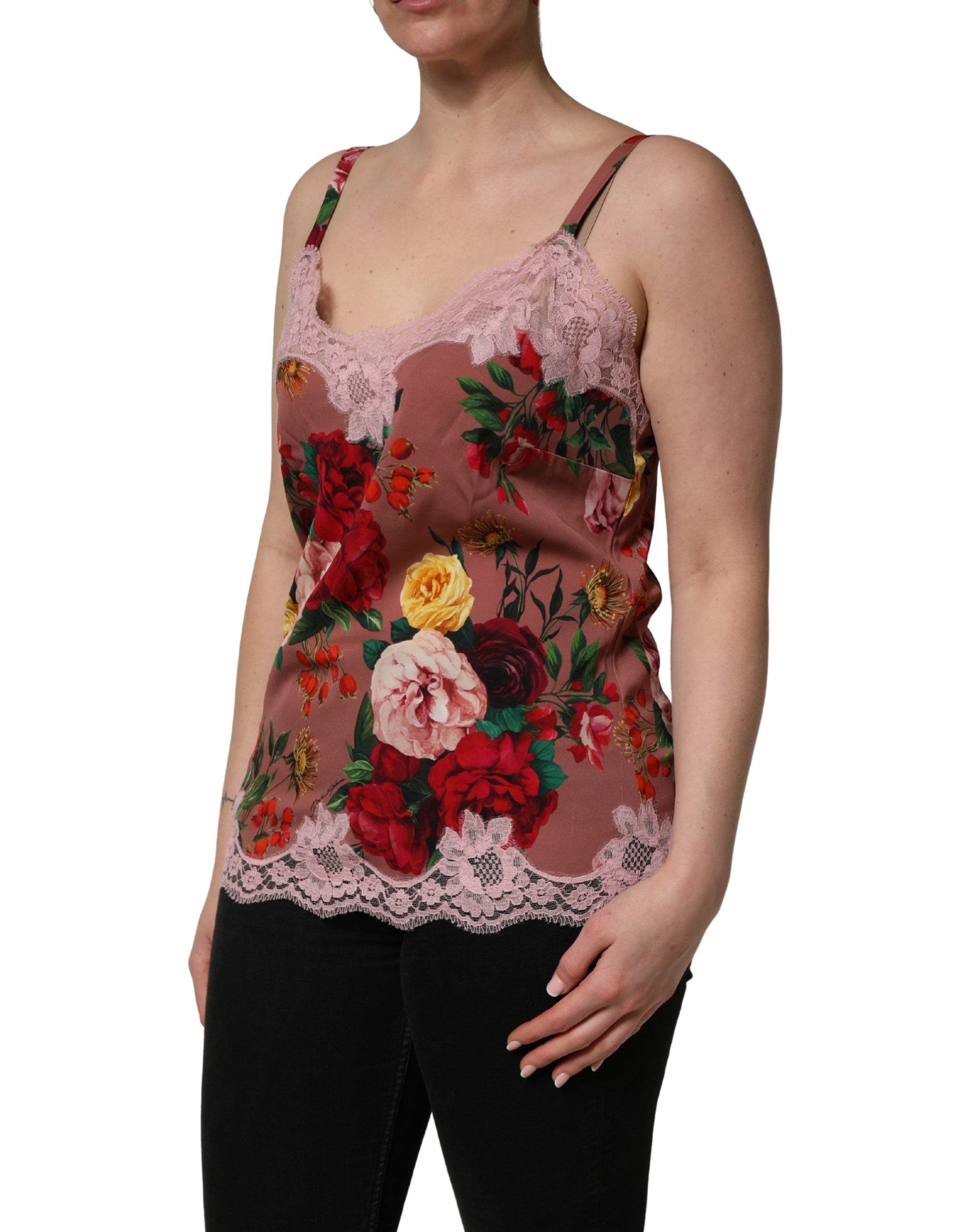 Dolce & Gabbana Braunes Satin-Spitzentop mit Rosenprint