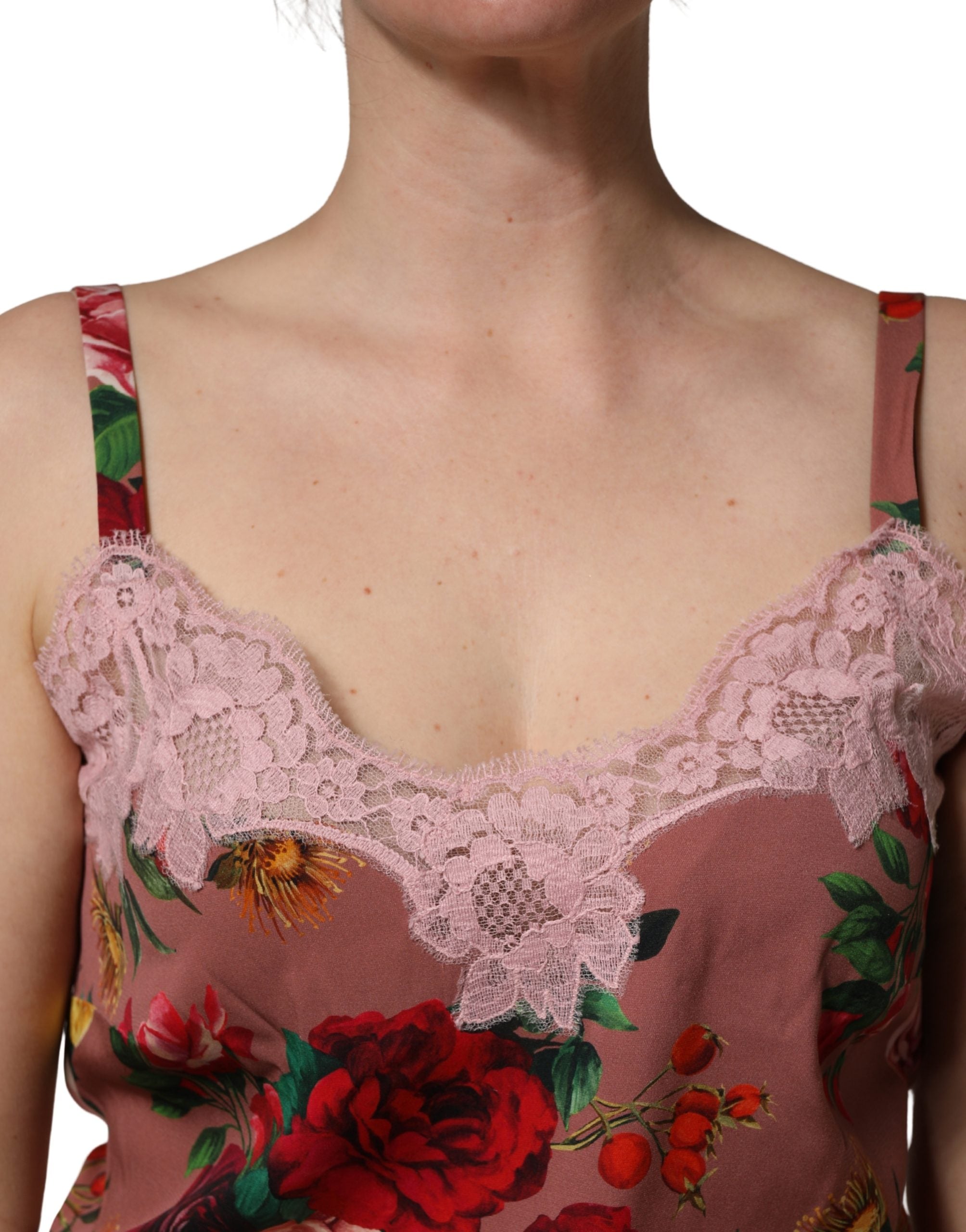 Dolce & Gabbana Braunes Satin-Spitzentop mit Rosenprint