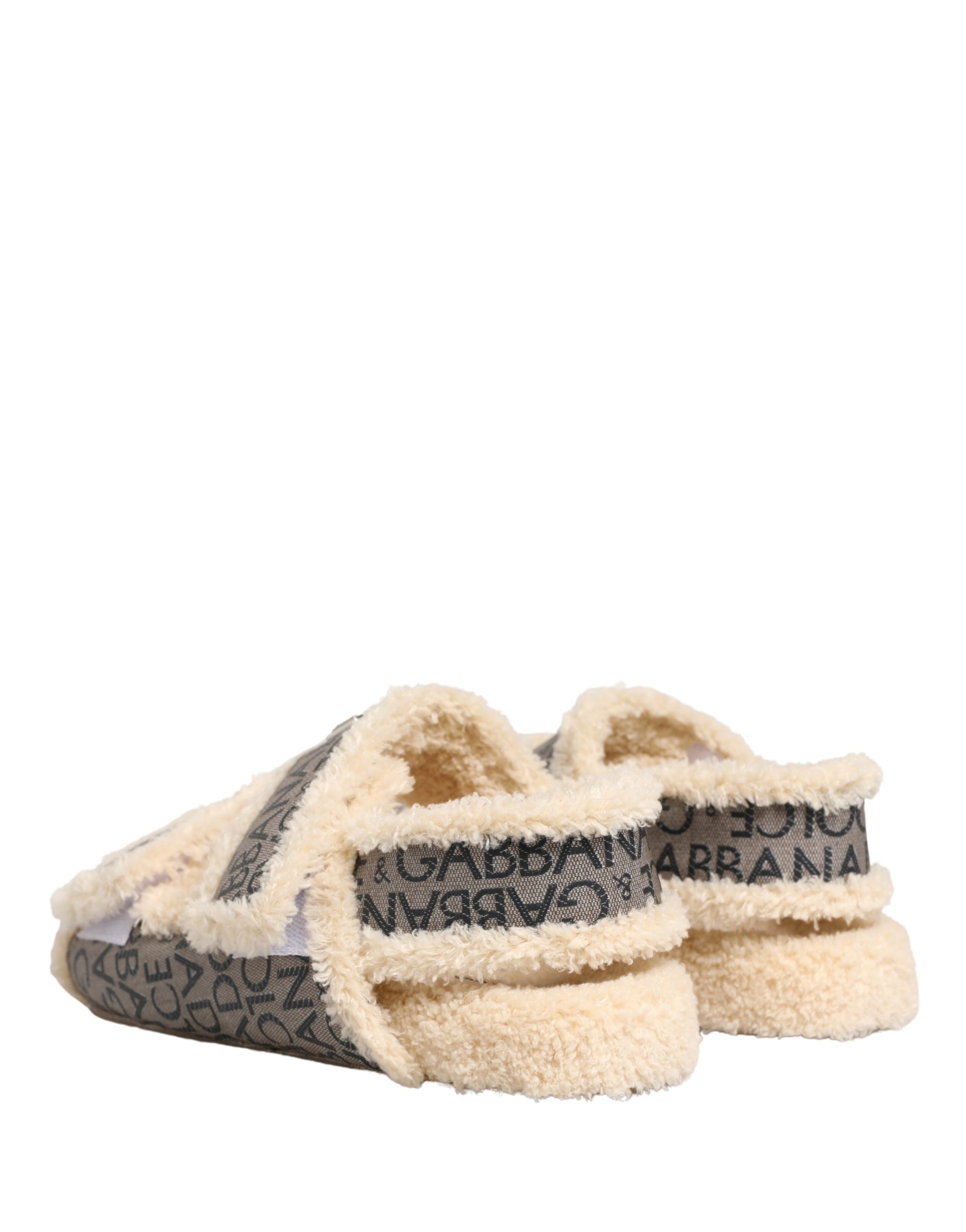 Dolce & Gabbana Beige Faux Fur Logo Print Flats Sandalen Schuhe