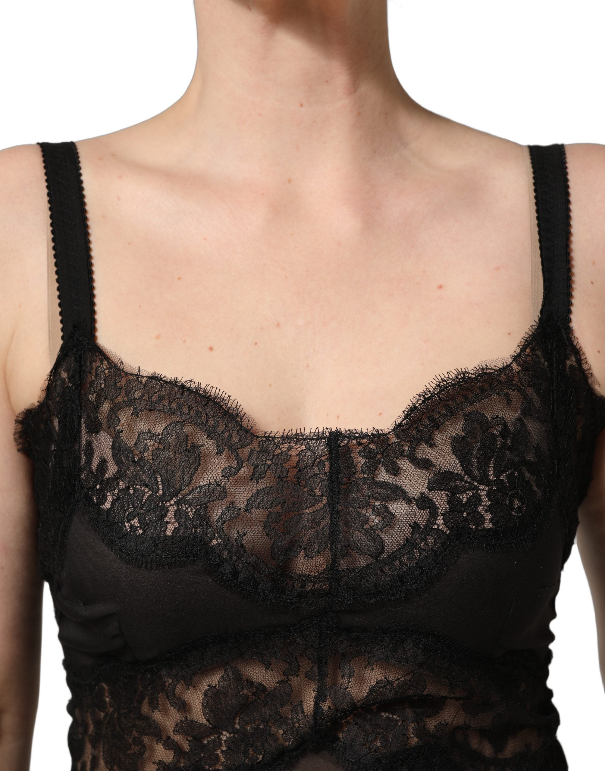 Dolce & Gabbana Schwarzes Seiden-Spitzen-Chemise-Nachthemd