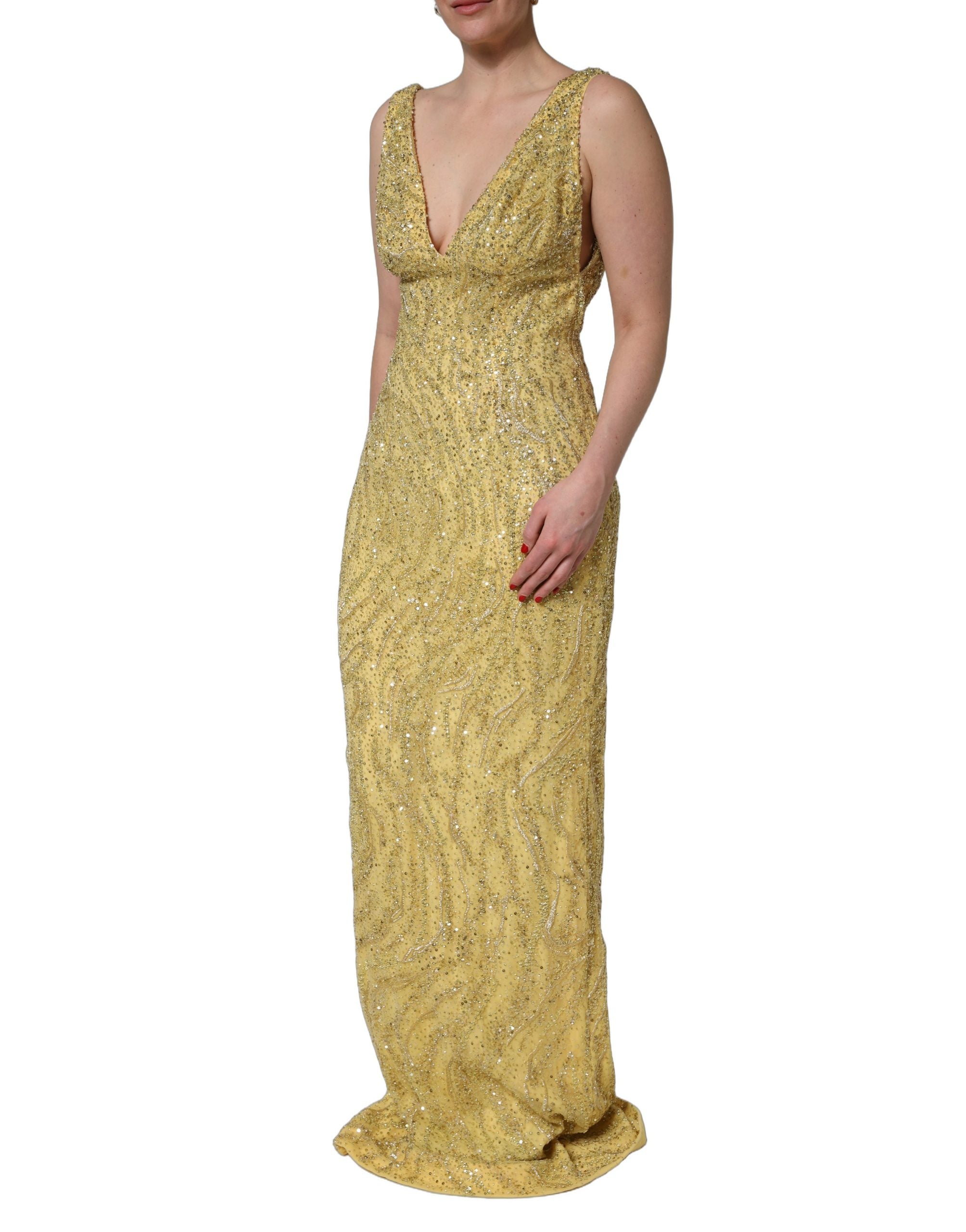 Dolce & Gabbana Goldfarbenes Pailletten-Abendkleid mit V-Ausschnitt und Meerjungfrauen-Silhouette