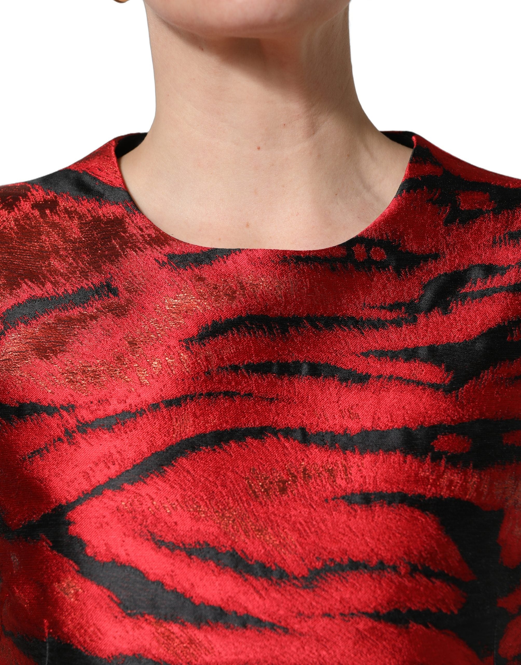 Dolce & Gabbana Rotes und schwarzes Jacquard-Kleid mit Tigerprint und ausgestelltem Rock