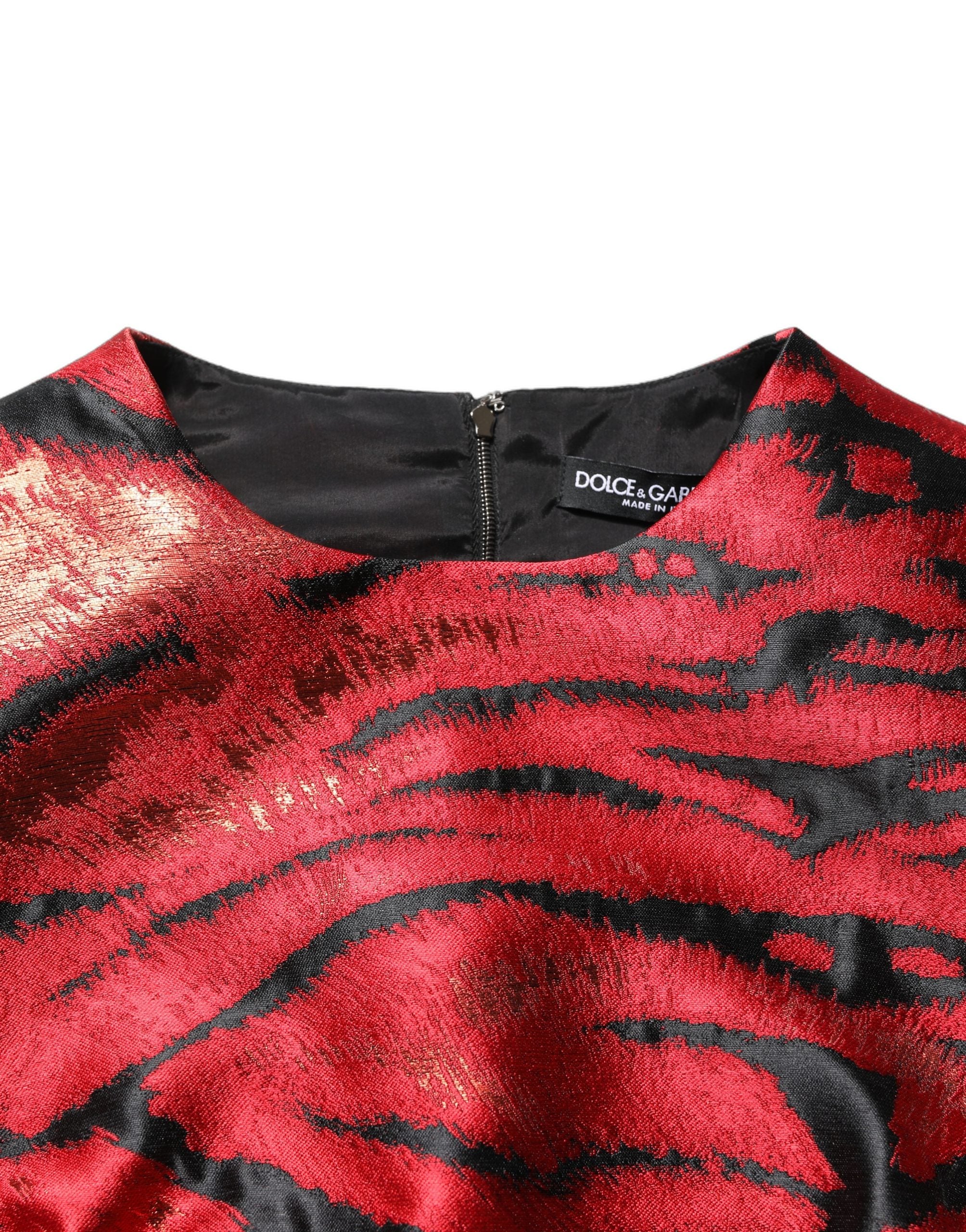 Dolce & Gabbana Rotes und schwarzes Jacquard-Kleid mit Tigerprint und ausgestelltem Rock