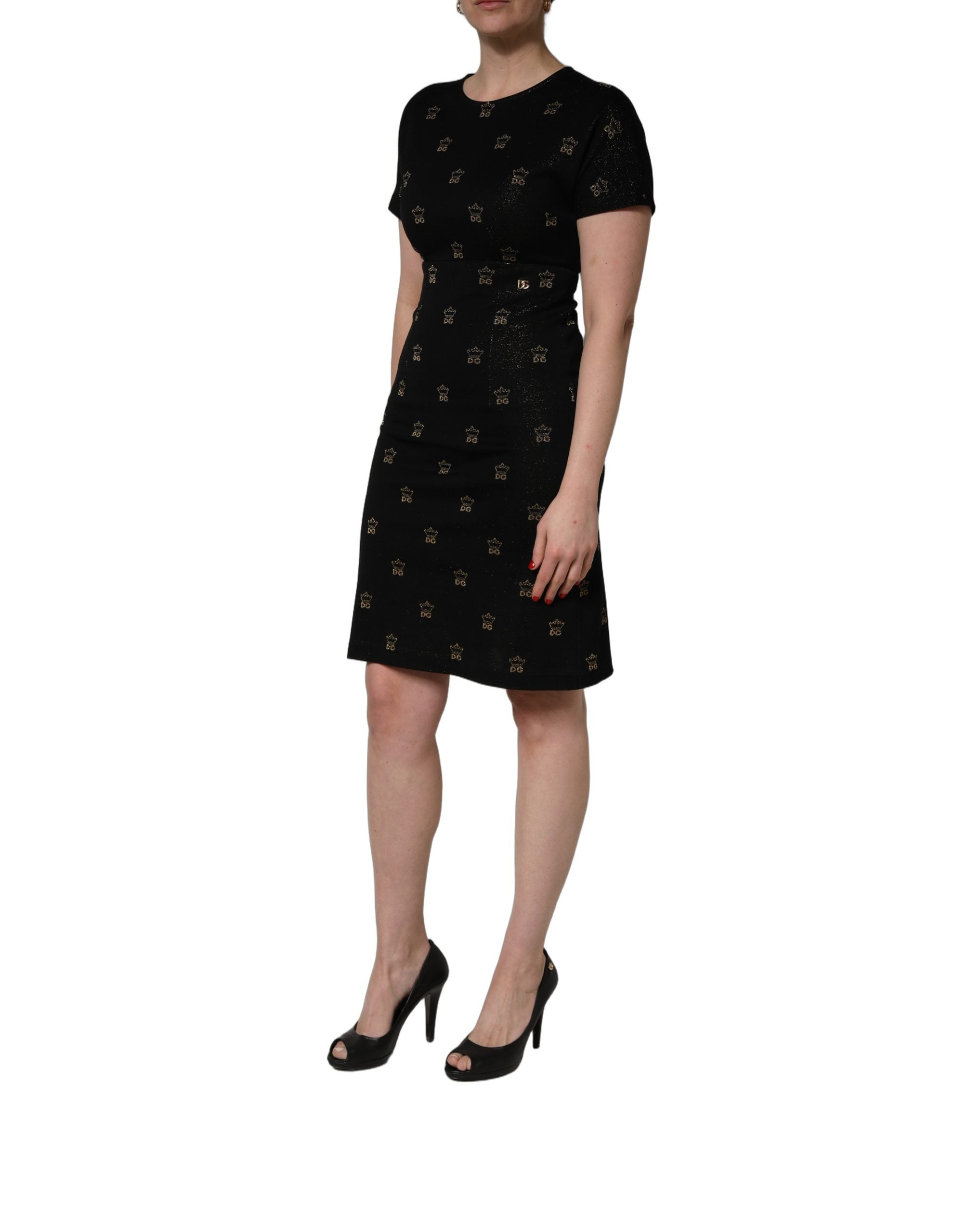Dolce & Gabbana Schwarzes Etuikleid mit kurzen Ärmeln und DG-Krone