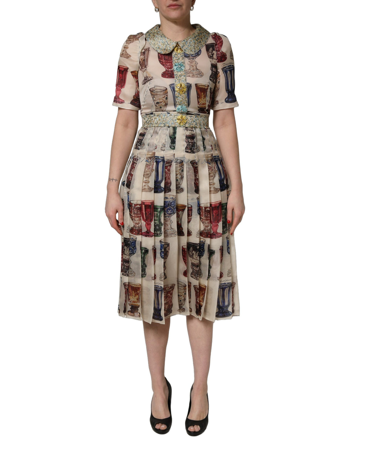 Dolce & Gabbana Midi-Kleid mit Vintage-Glasdekor in Multicolor