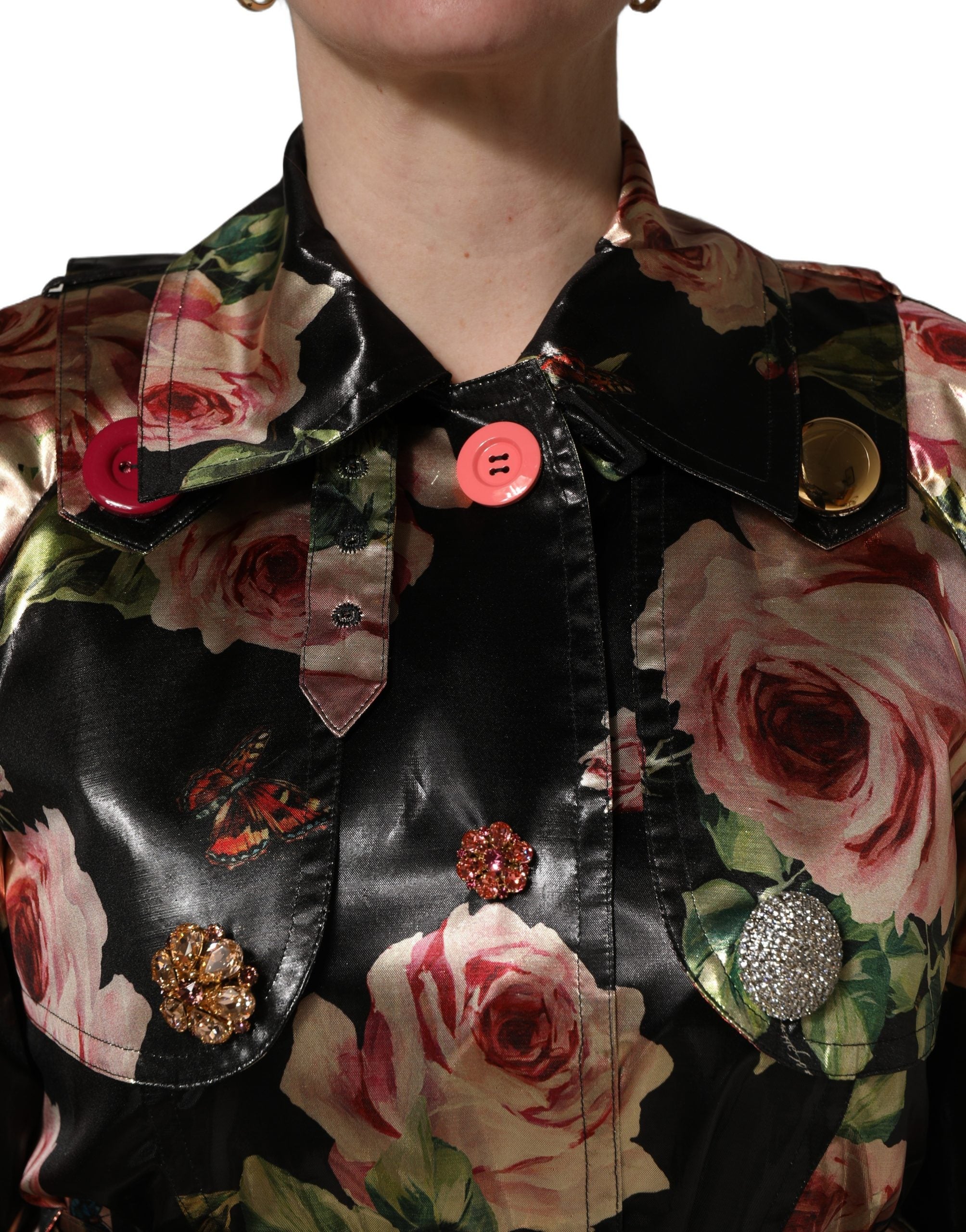 Dolce & Gabbana Schwarzer Trenchcoat mit Gürtel und Blumenmuster aus Polyester