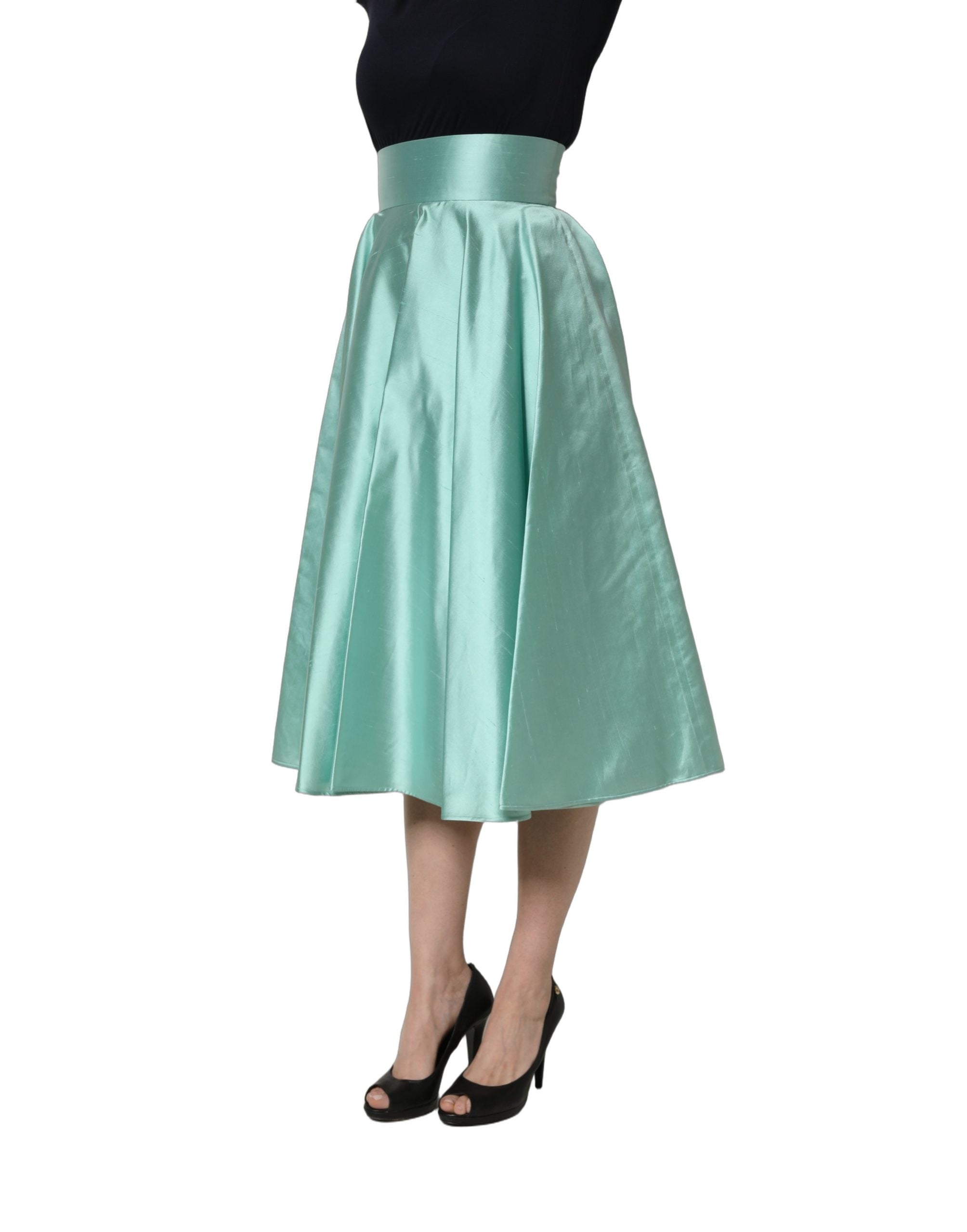 Dolce & Gabbana Plissierter Midirock aus grünem Satin mit hoher Taille und A-Linie