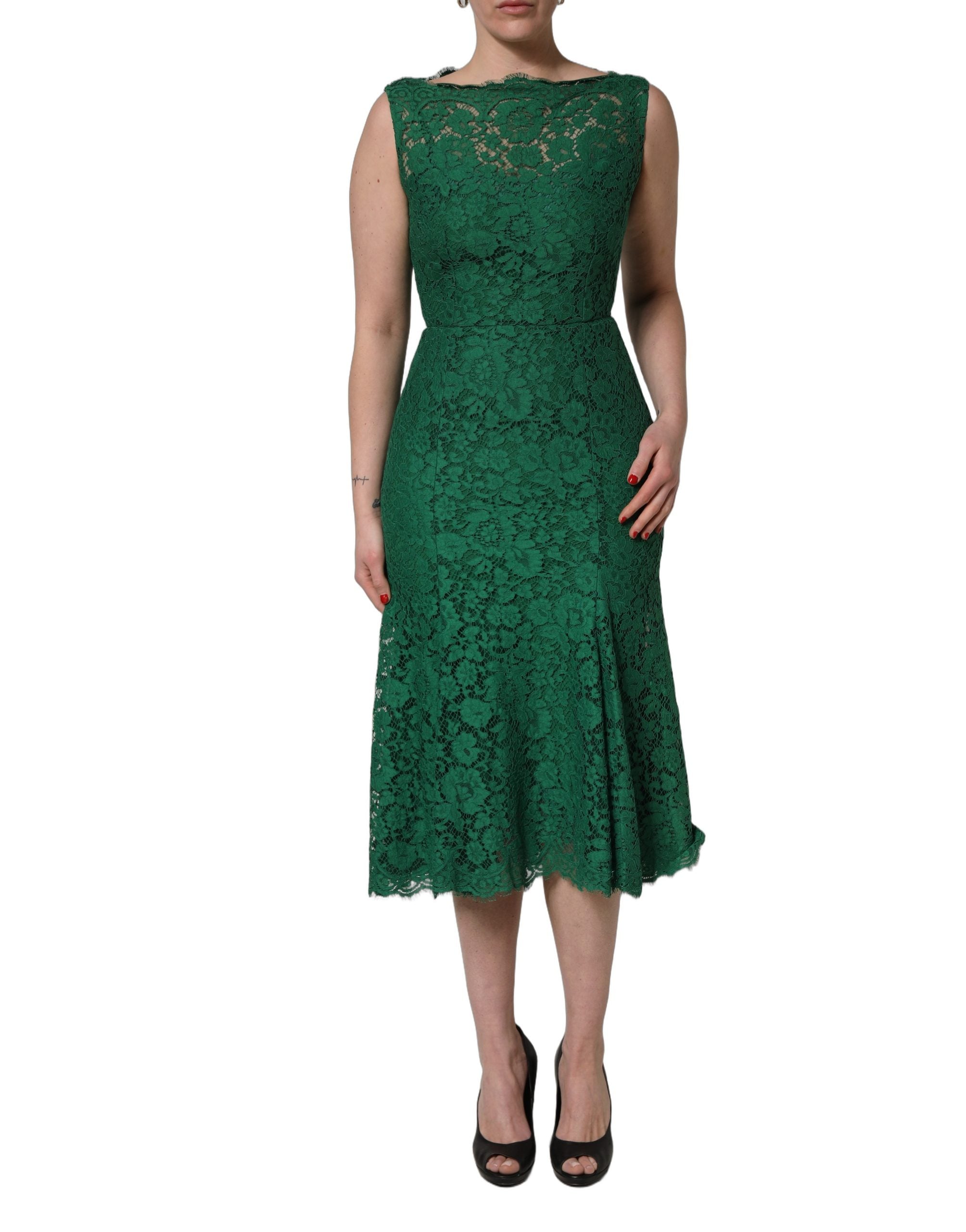 Dolce & Gabbana Grünes ärmelloses Midikleid aus Baumwolle mit Blumen-Spitze