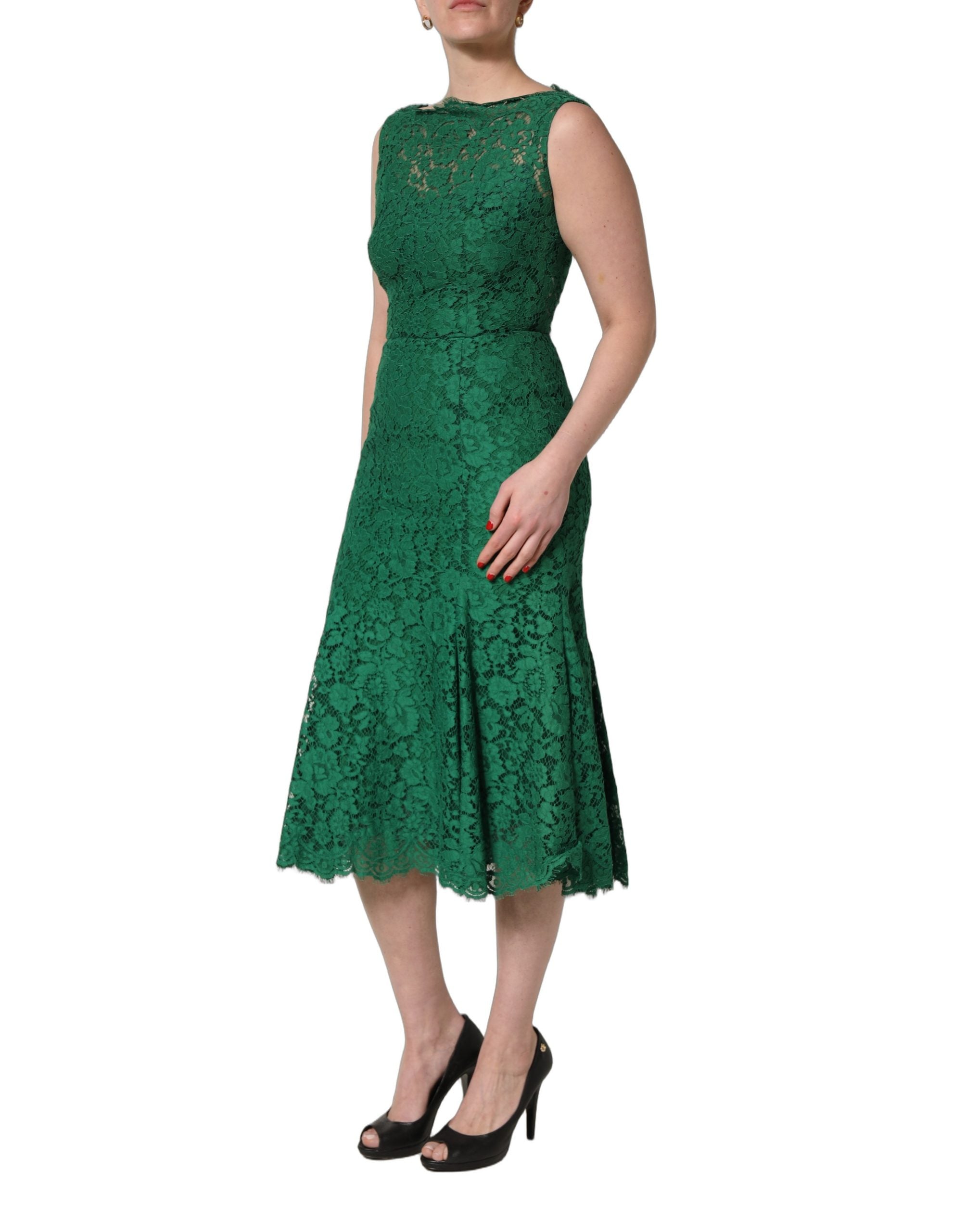 Dolce & Gabbana Grünes ärmelloses Midikleid aus Baumwolle mit Blumen-Spitze