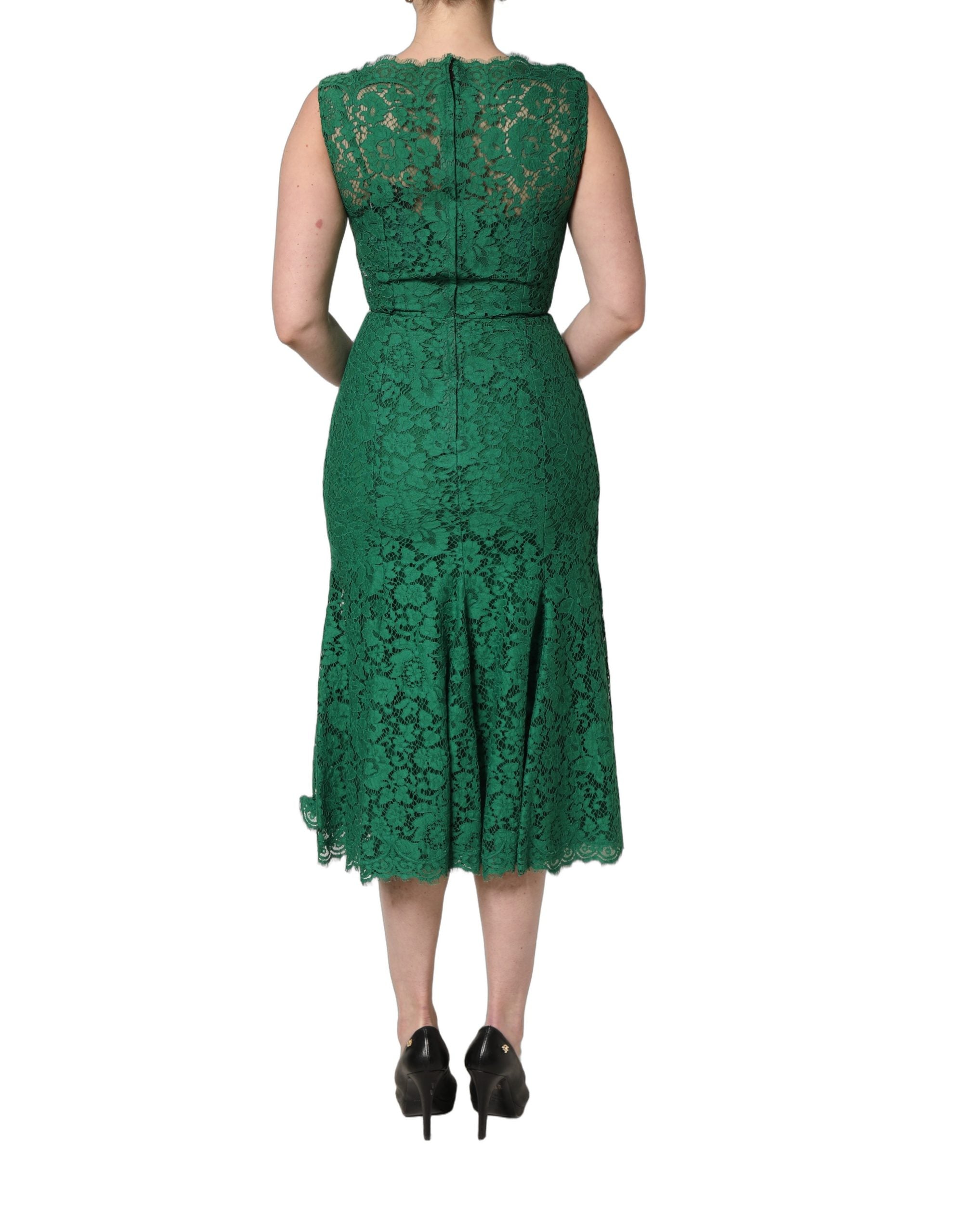 Dolce & Gabbana Grünes ärmelloses Midikleid aus Baumwolle mit Blumen-Spitze