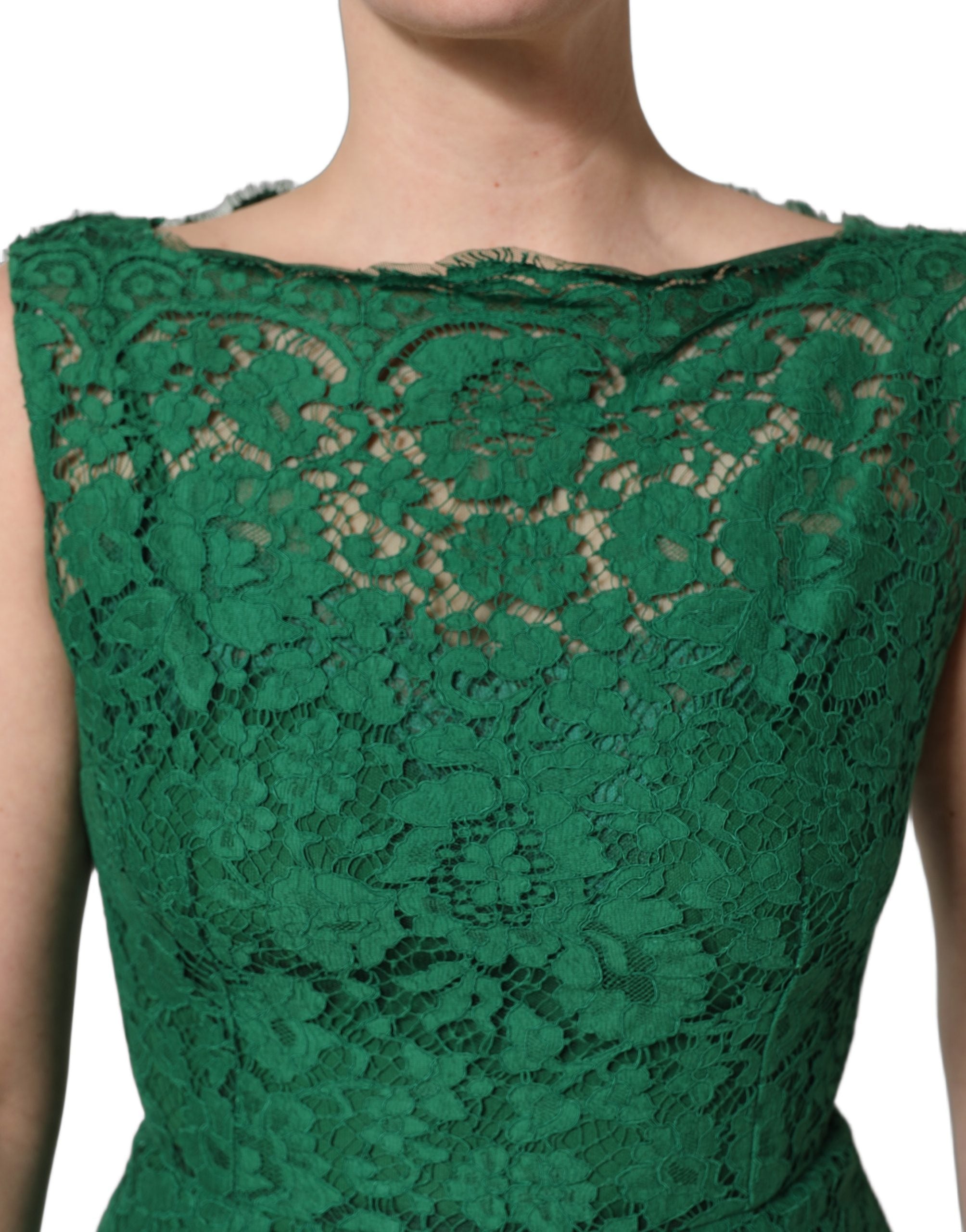 Dolce & Gabbana Grünes ärmelloses Midikleid aus Baumwolle mit Blumen-Spitze