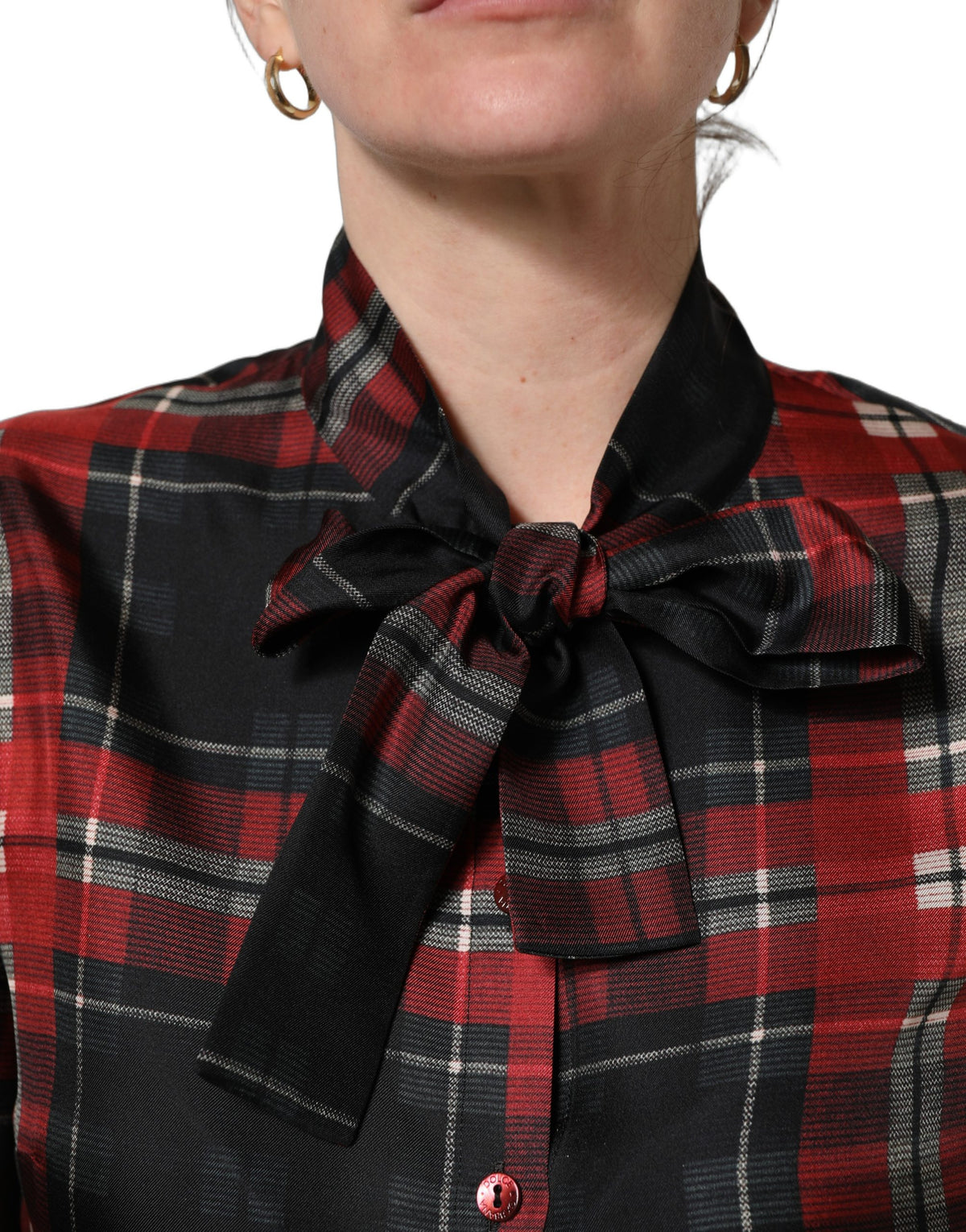 Dolce & Gabbana Seidenbluse mit Schleife und Karomuster in Rot und Schwarz