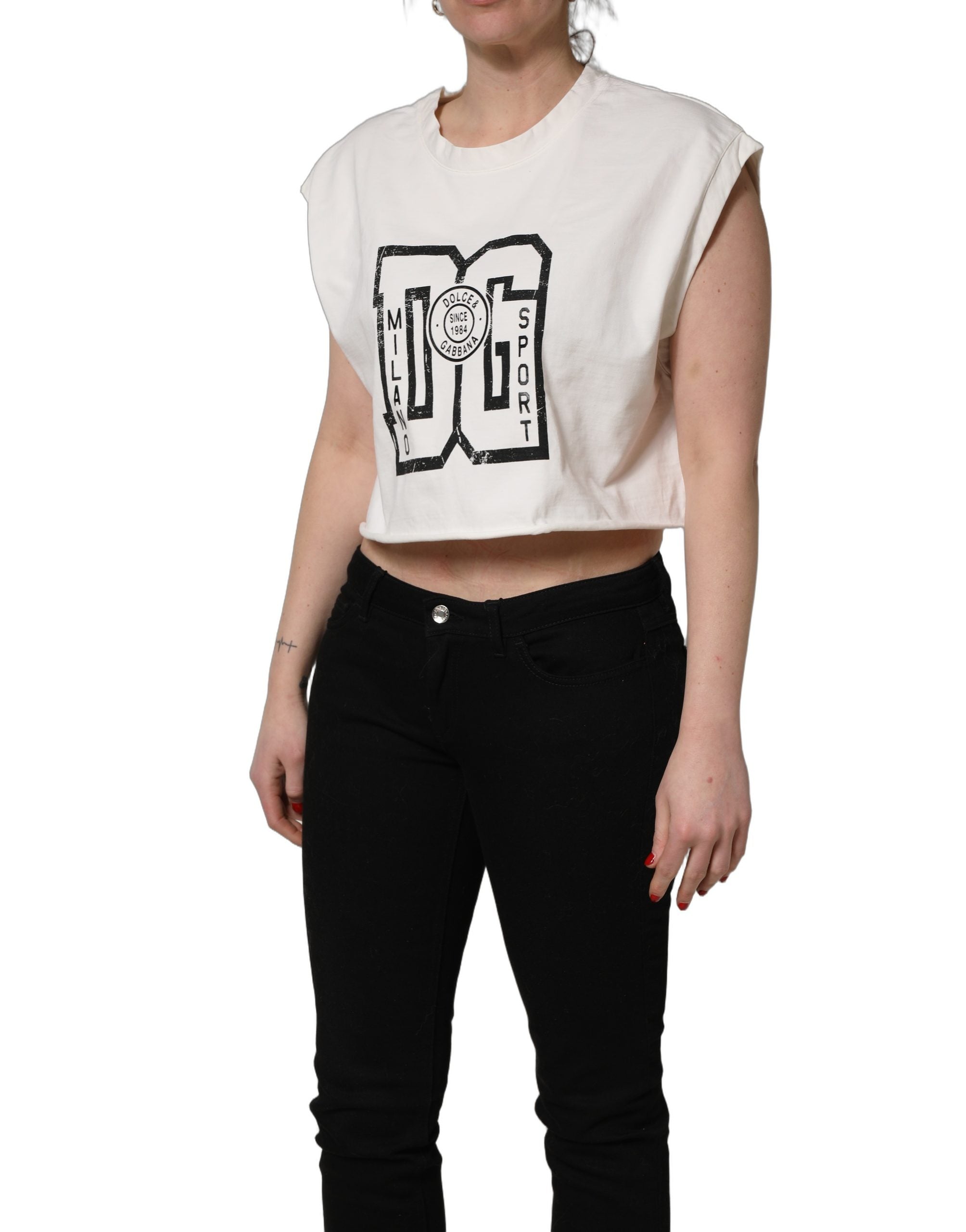 Dolce & Gabbana Weißes Baumwoll-Cropped-Jersey-Top mit DG-Logo-Print