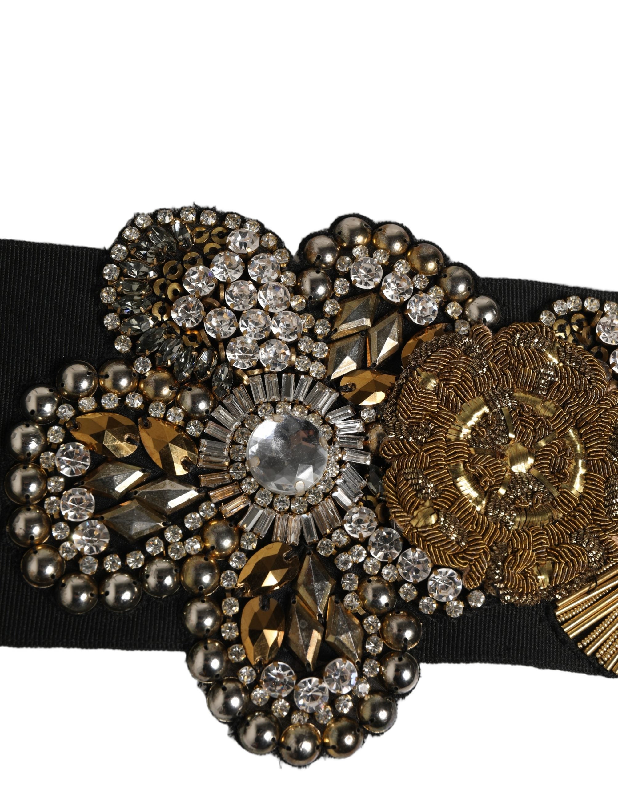 Dolce & Gabbana Schwarze Gürtelbrosche aus Messing mit goldfarbenen Akzenten und Kristallblumen